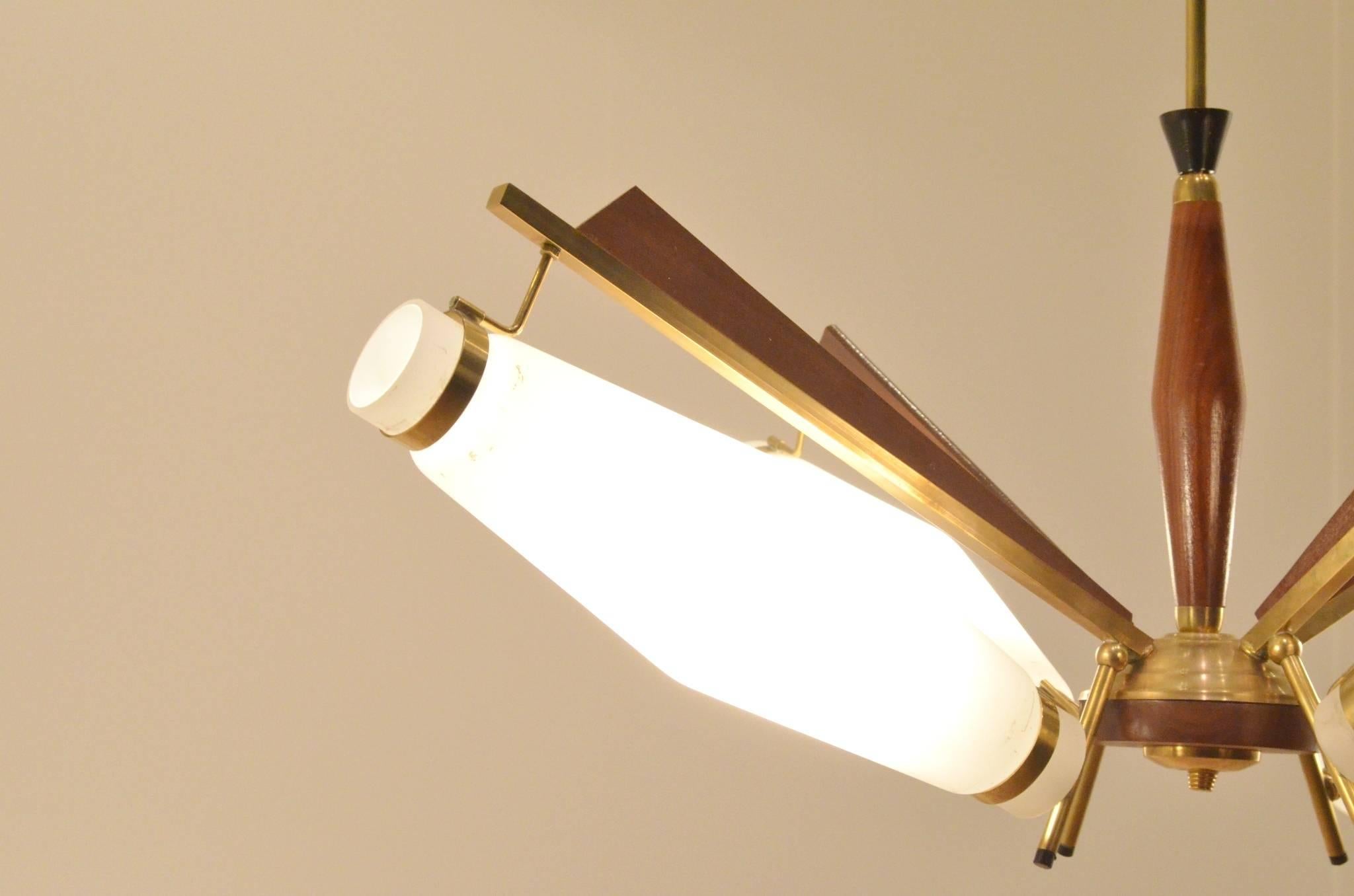 Italian Mid-Century Modern Design Suspended Glass and Teakwood Lamp Chandelier 4