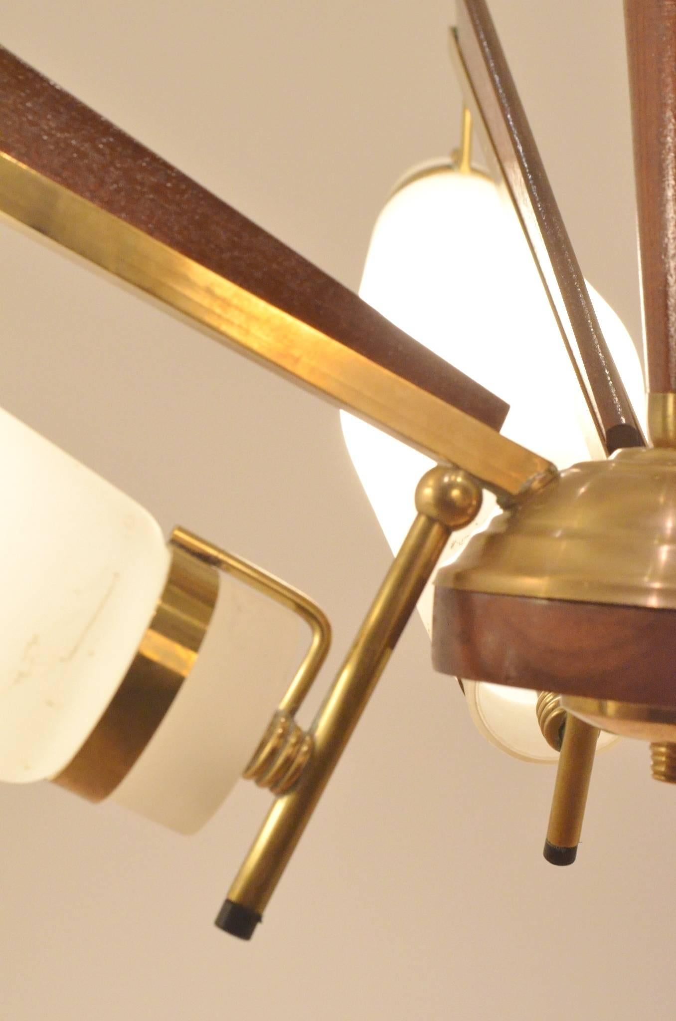 Italian Mid-Century Modern Design Suspended Glass and Teakwood Lamp Chandelier 5
