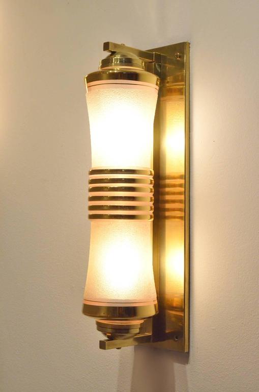 Two French 1930s Art Deco Glass and Brass Cylinder Shaped Wall Sconces Lamps For Sale at 1stdibs
