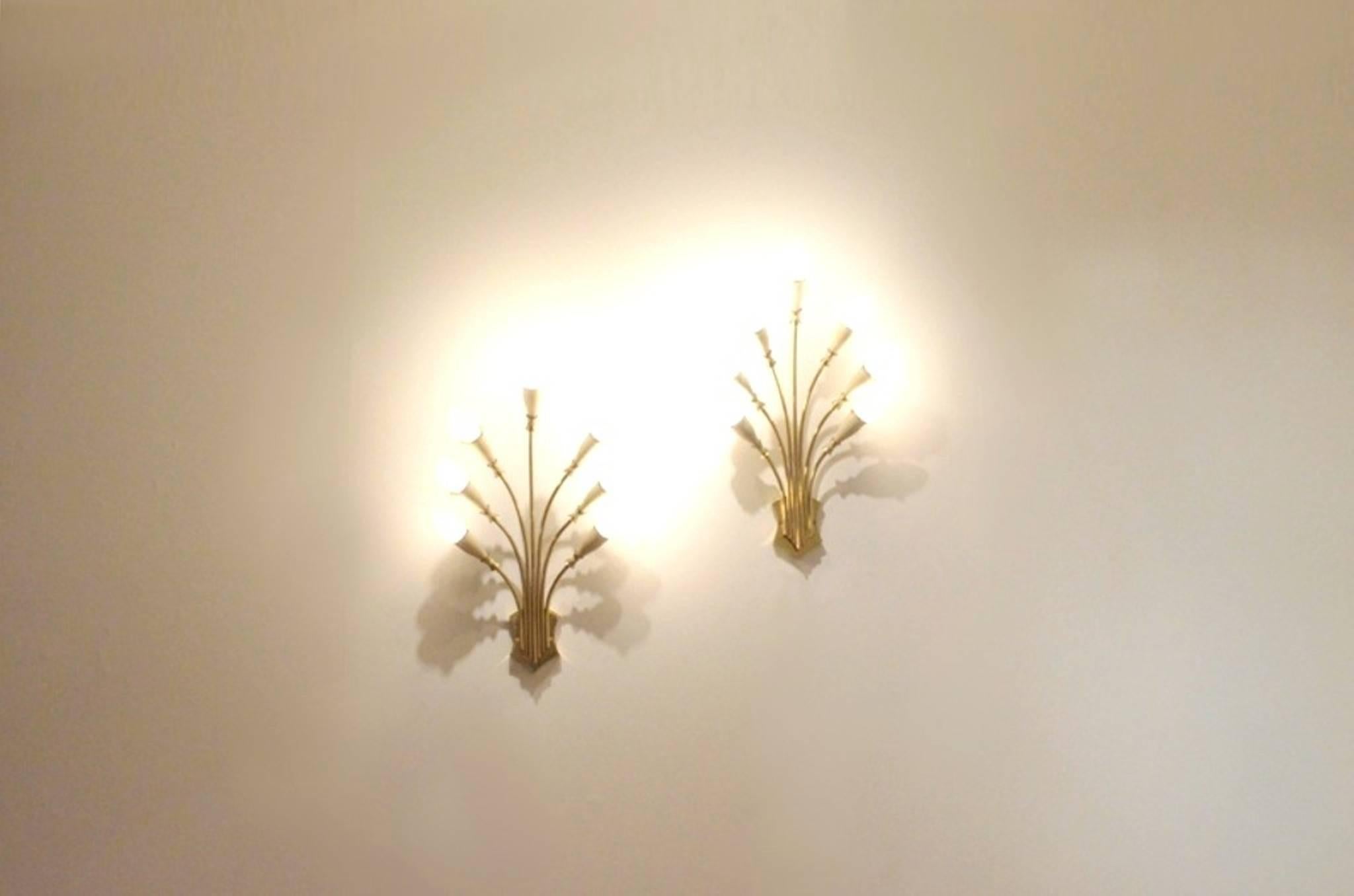 Mid-Century Modern Two Italian Mid-Century 'Bouquet' Brass and White Wall Sconces
