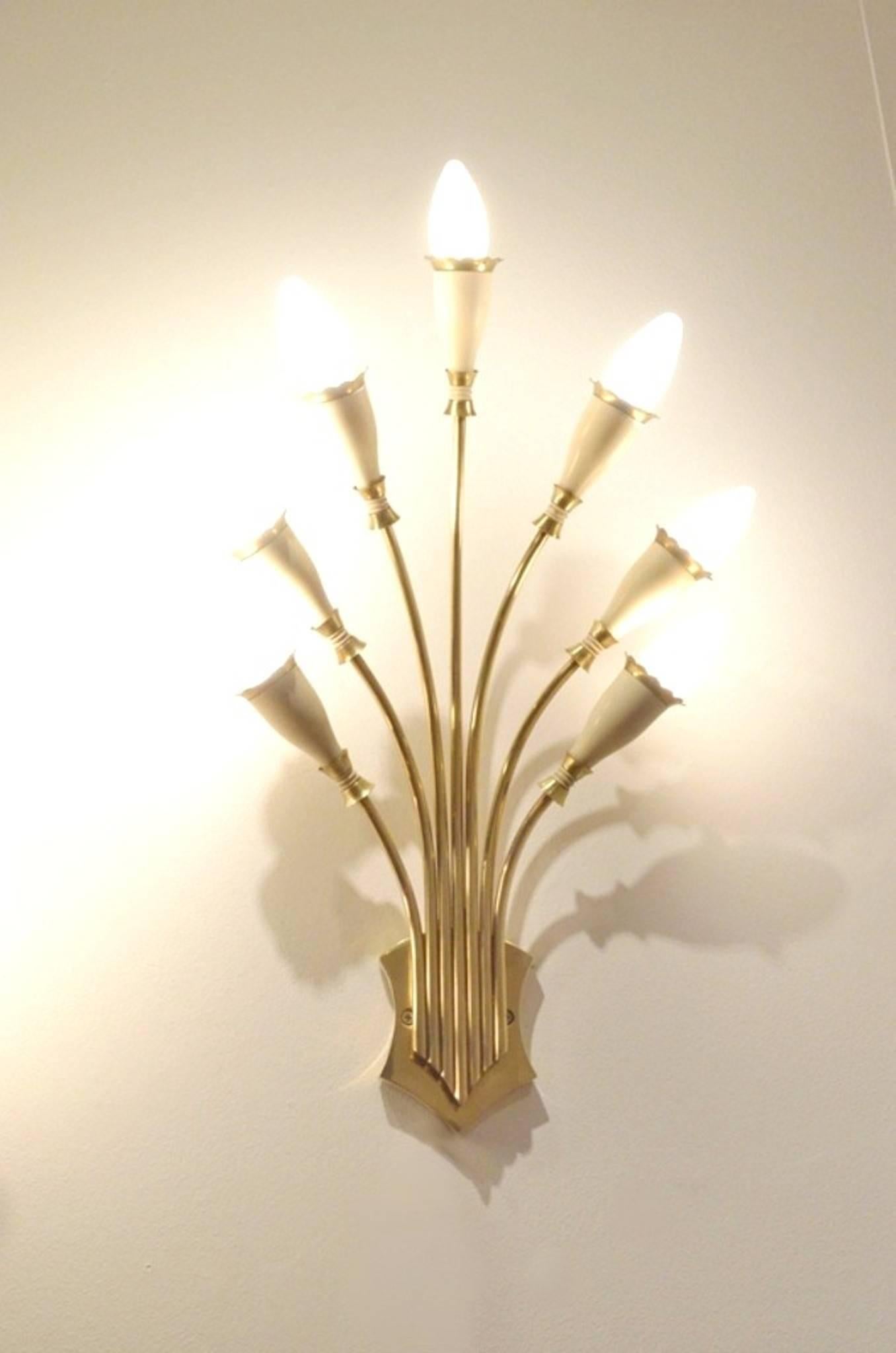 Mid-20th Century Two Italian Mid-Century 'Bouquet' Brass and White Wall Sconces