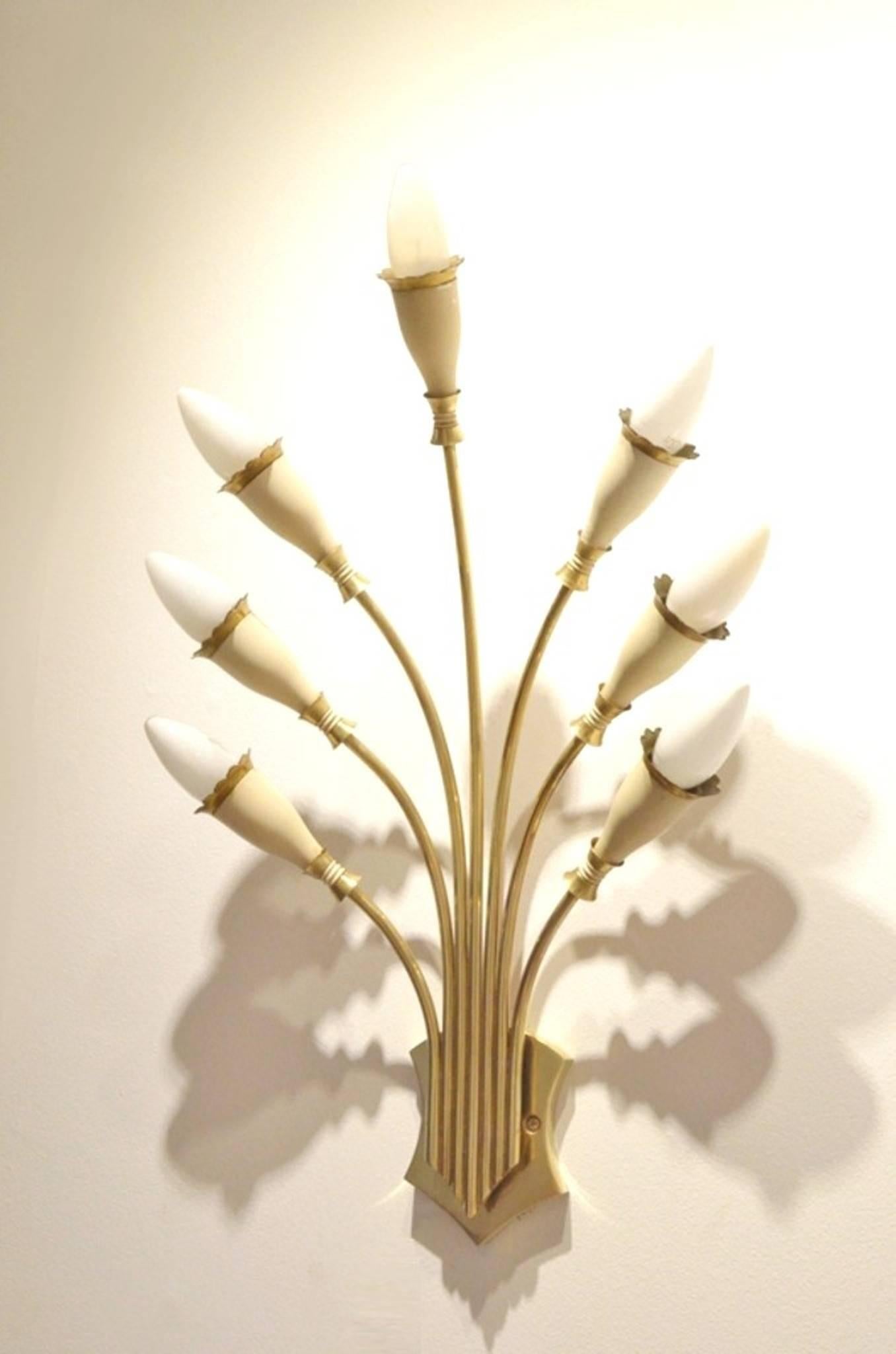 Two Italian Mid-Century 'Bouquet' Brass and White Wall Sconces 2
