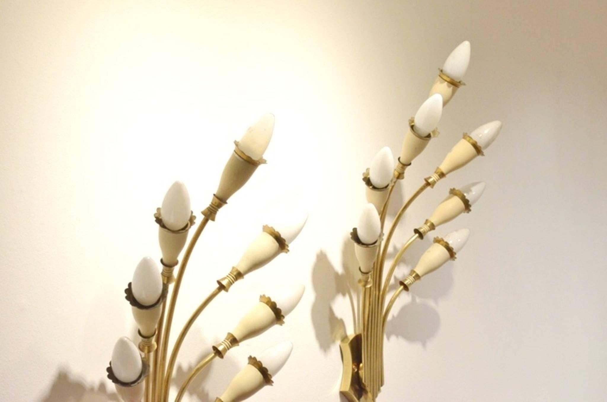 Two Italian Mid-Century 'Bouquet' Brass and White Wall Sconces 3