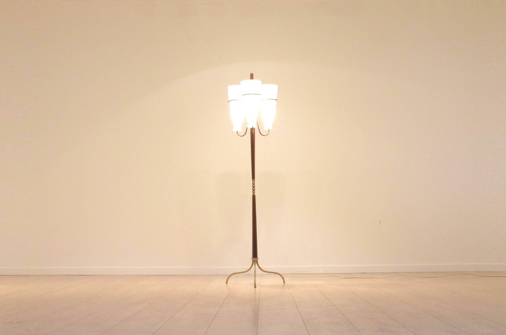 Italian Mid-Century Design Tripod Glass, Brass and Teak Wood Floor Lamp Lighting 1