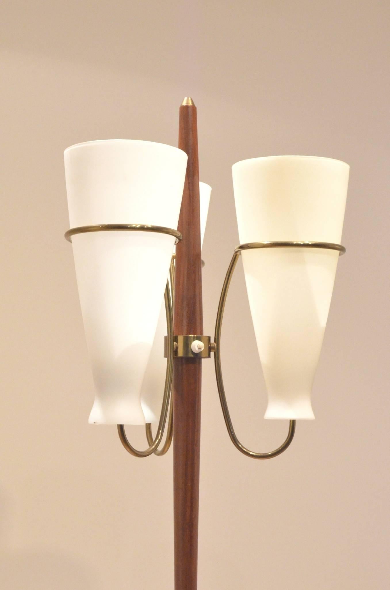 Mid-20th Century Italian Mid-Century Design Tripod Glass, Brass and Teak Wood Floor Lamp Lighting