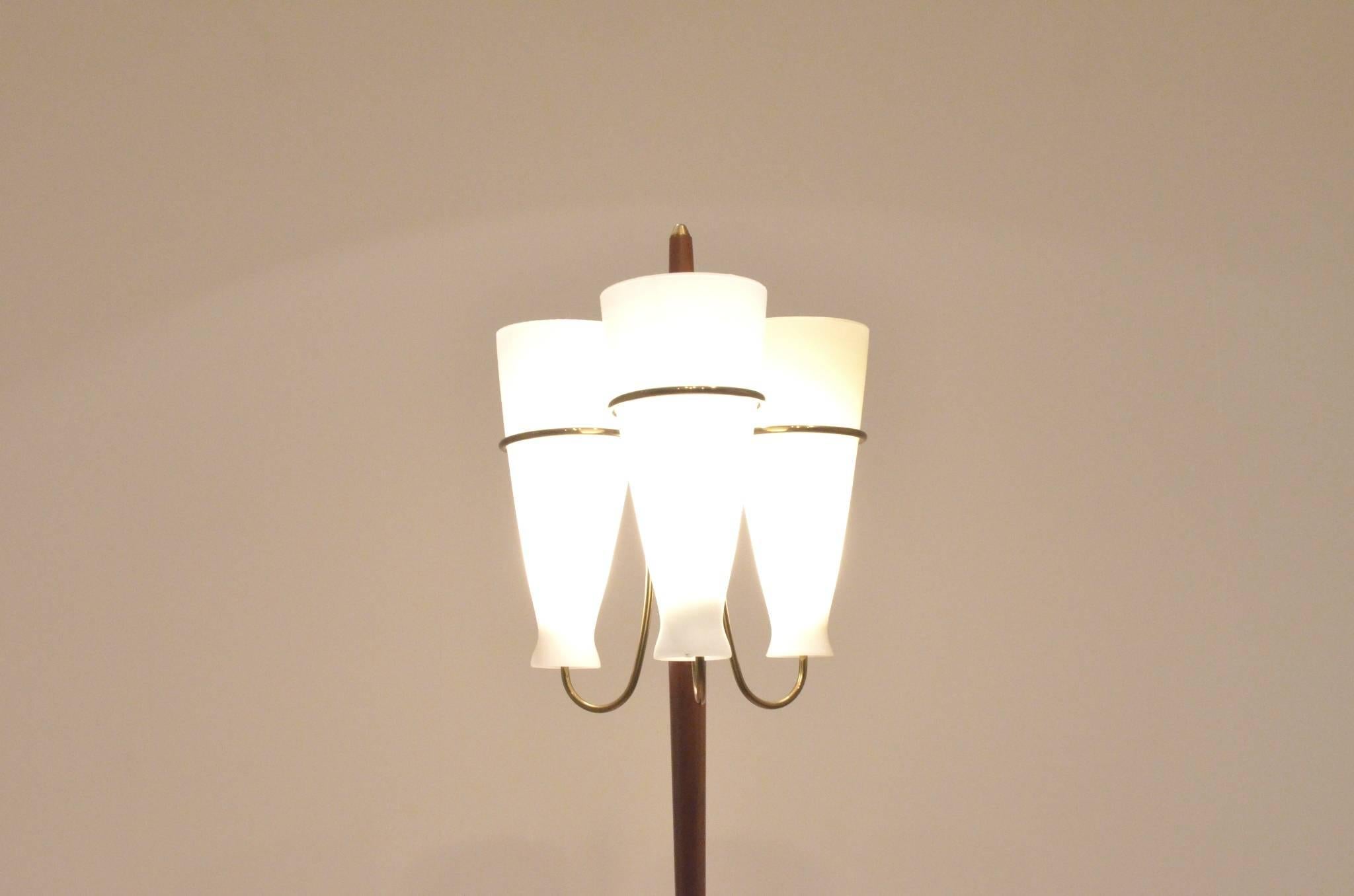 Italian Mid-Century Design Tripod Glass, Brass and Teak Wood Floor Lamp Lighting 2