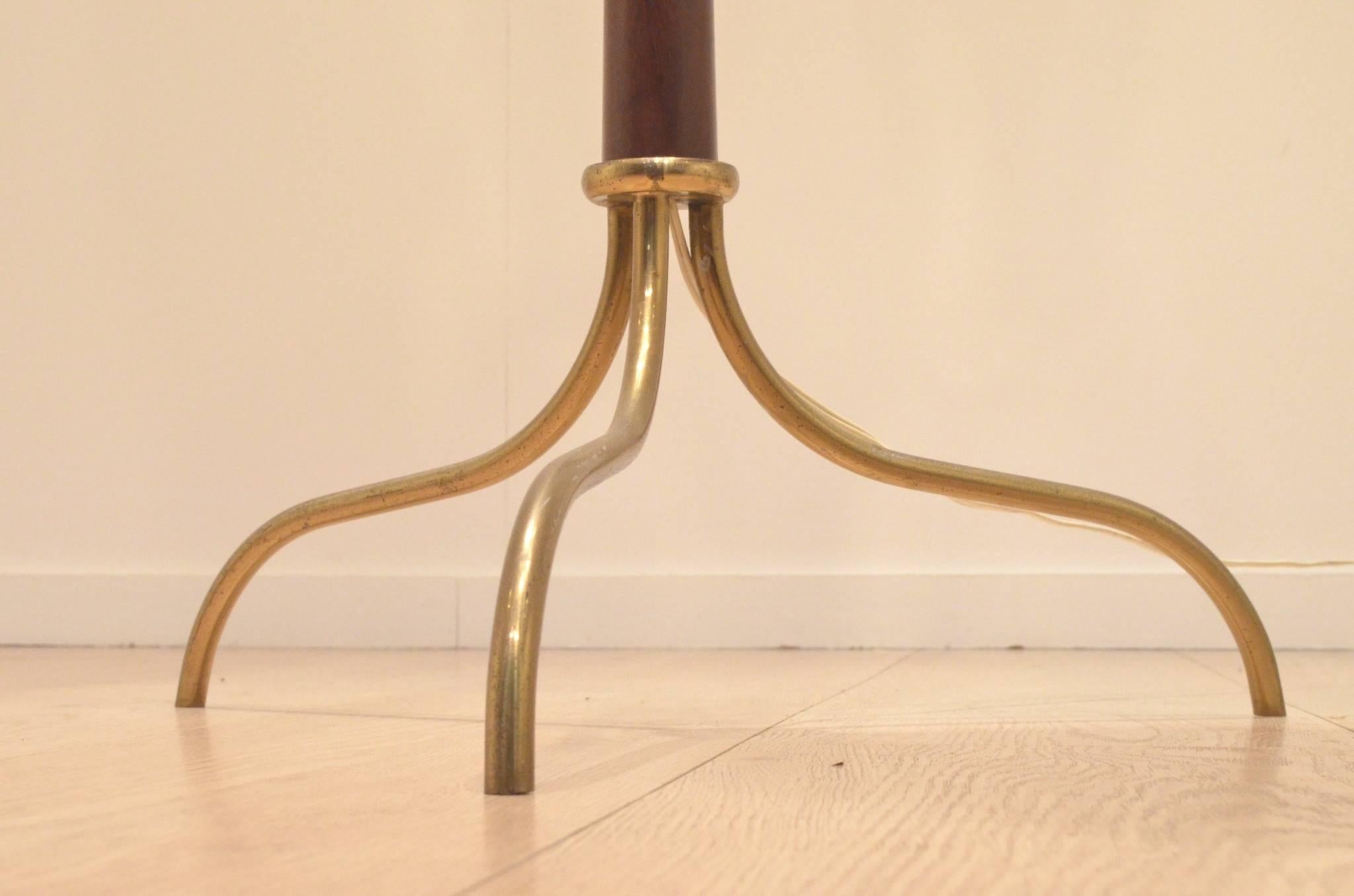 Italian Mid-Century Design Tripod Glass, Brass and Teak Wood Floor Lamp Lighting 4