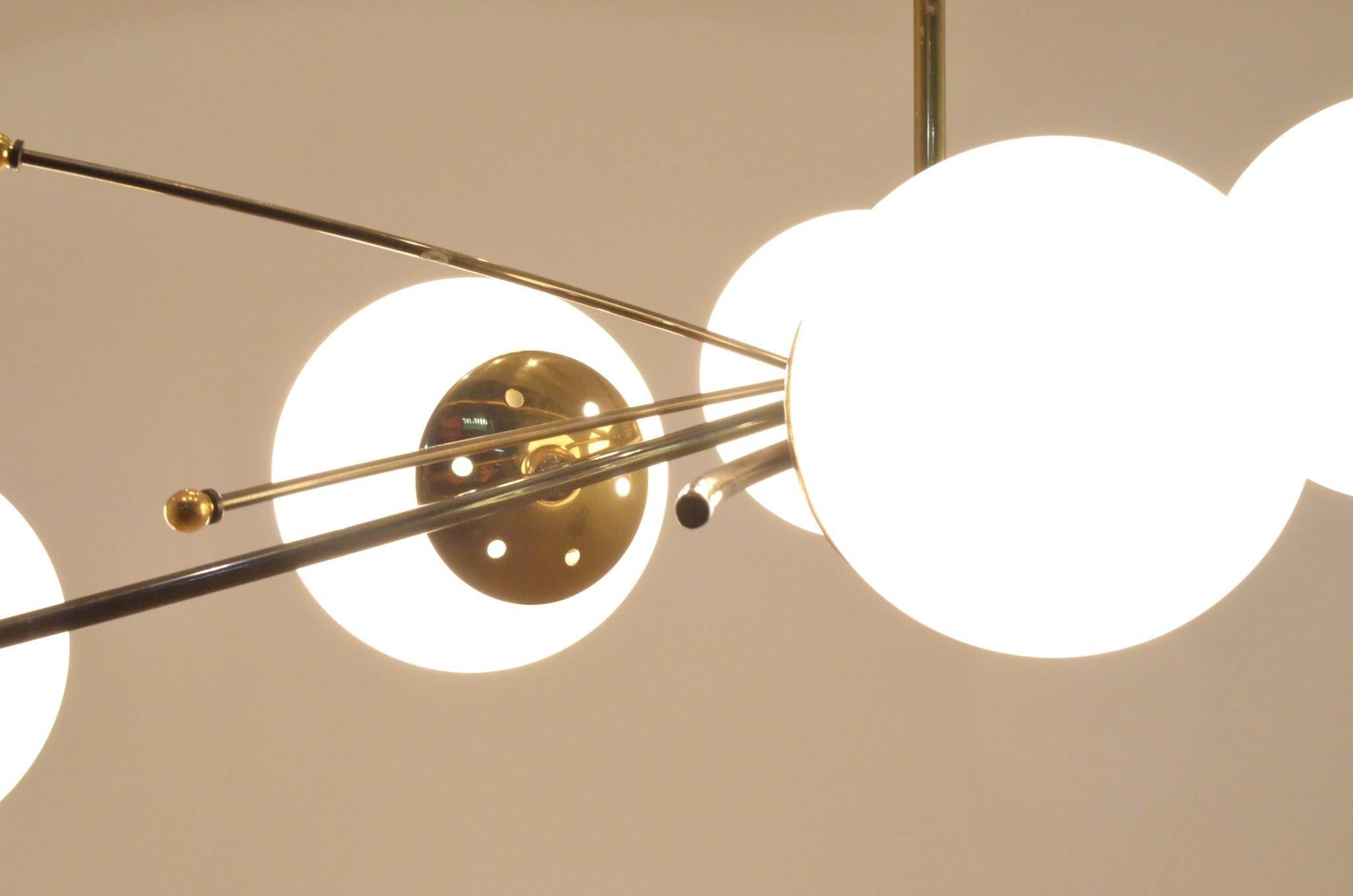 Mid-Century Modern French Mid-Century Design, Maison Arlus Opaline Balls and Brass Chandelier Lamp