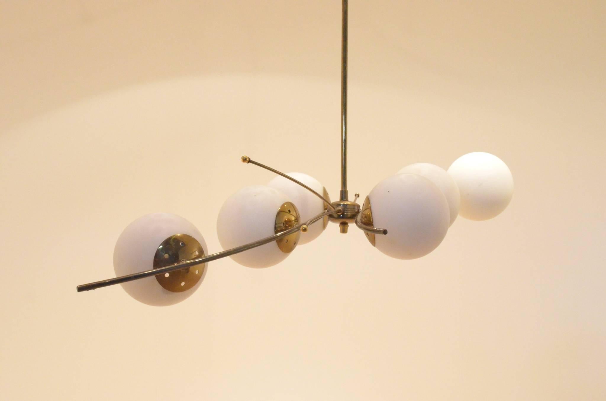 French Mid-Century Design, Maison Arlus Opaline Balls and Brass Chandelier Lamp 1