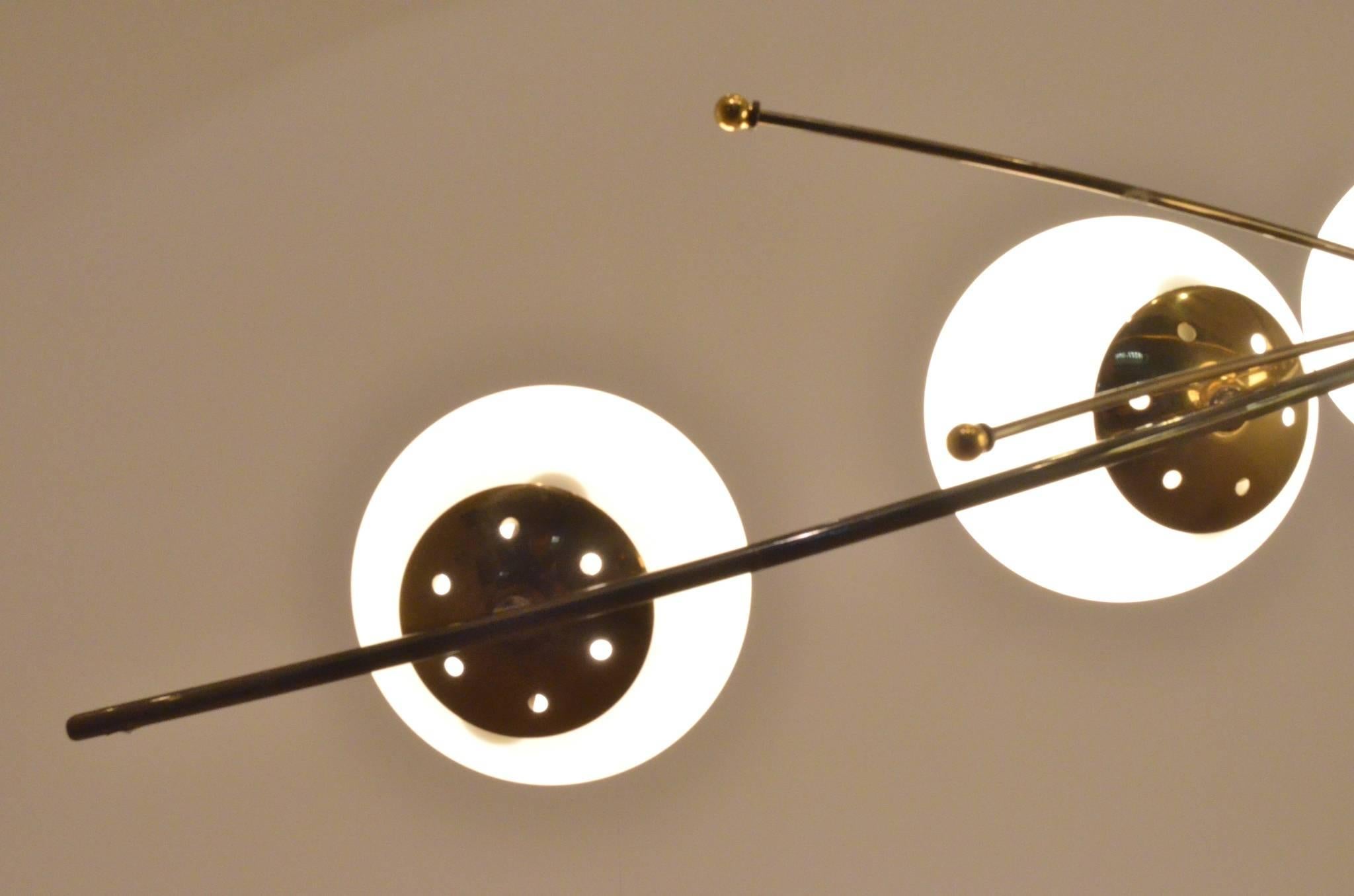 French Mid-Century Design, Maison Arlus Opaline Balls and Brass Chandelier Lamp 2