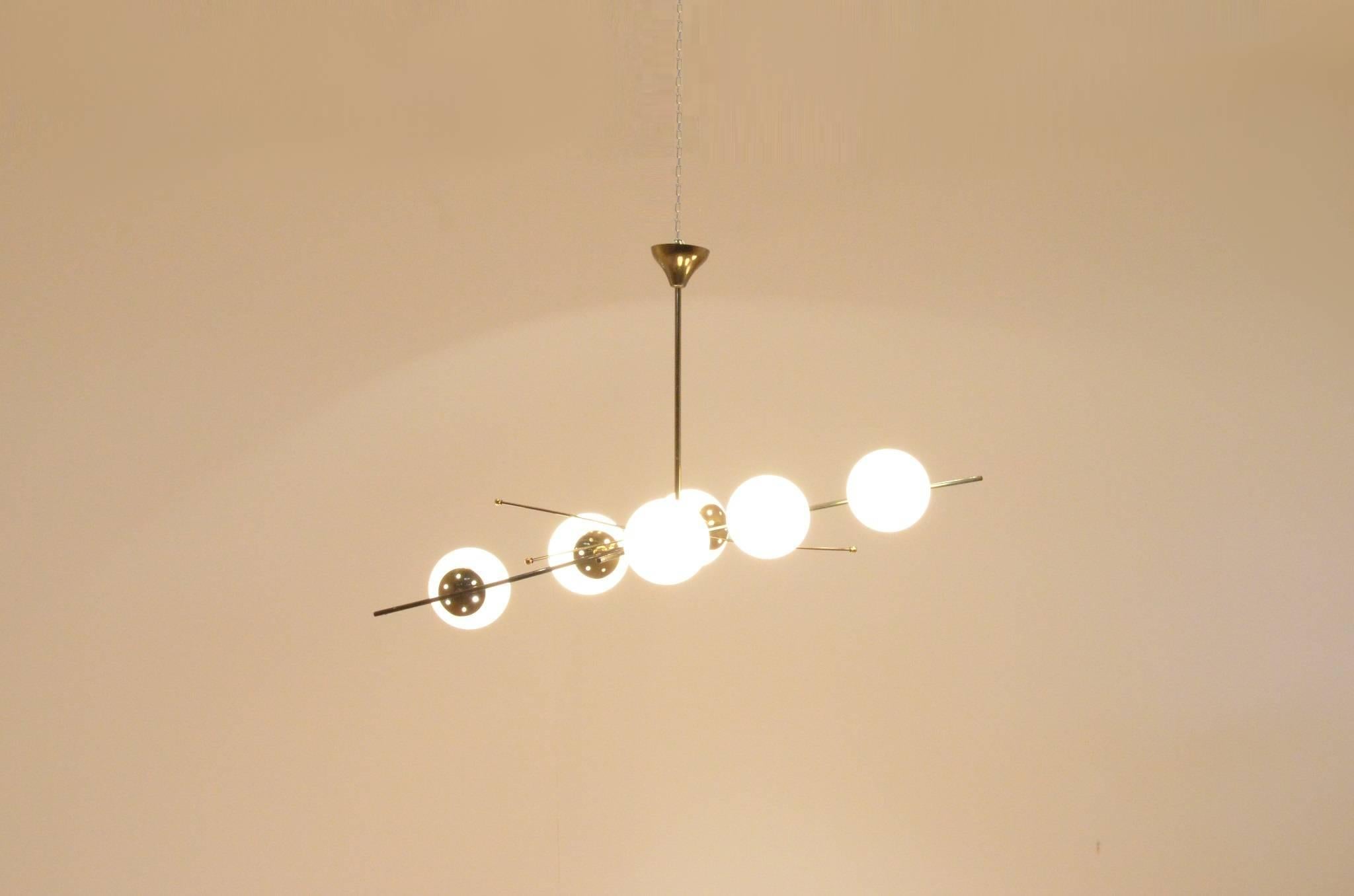 French Mid-Century Design, Maison Arlus Opaline Balls and Brass Chandelier Lamp 3
