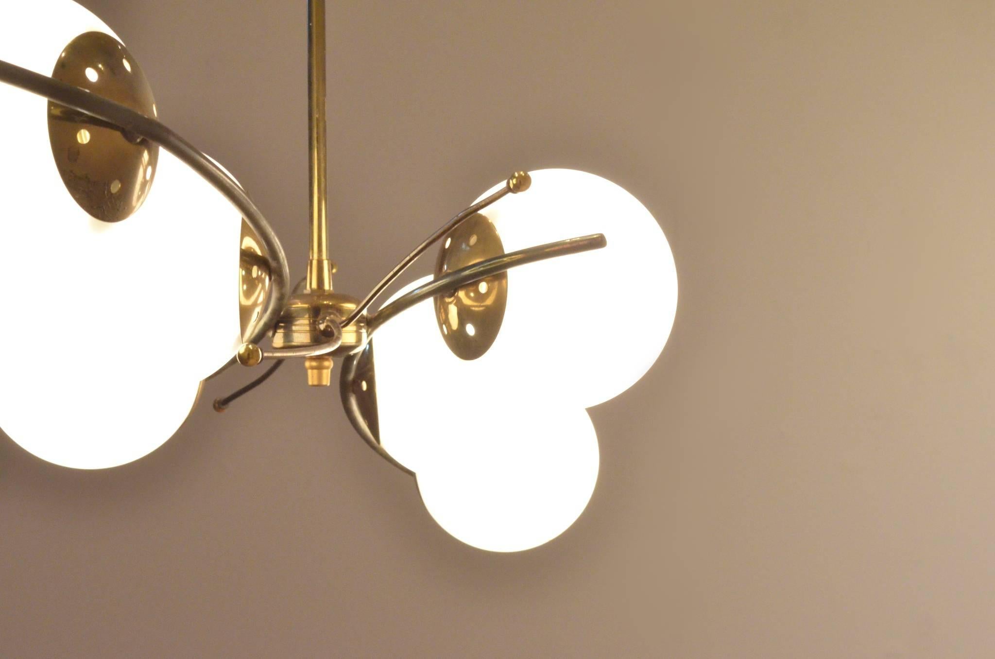 French Mid-Century Design, Maison Arlus Opaline Balls and Brass Chandelier Lamp 4