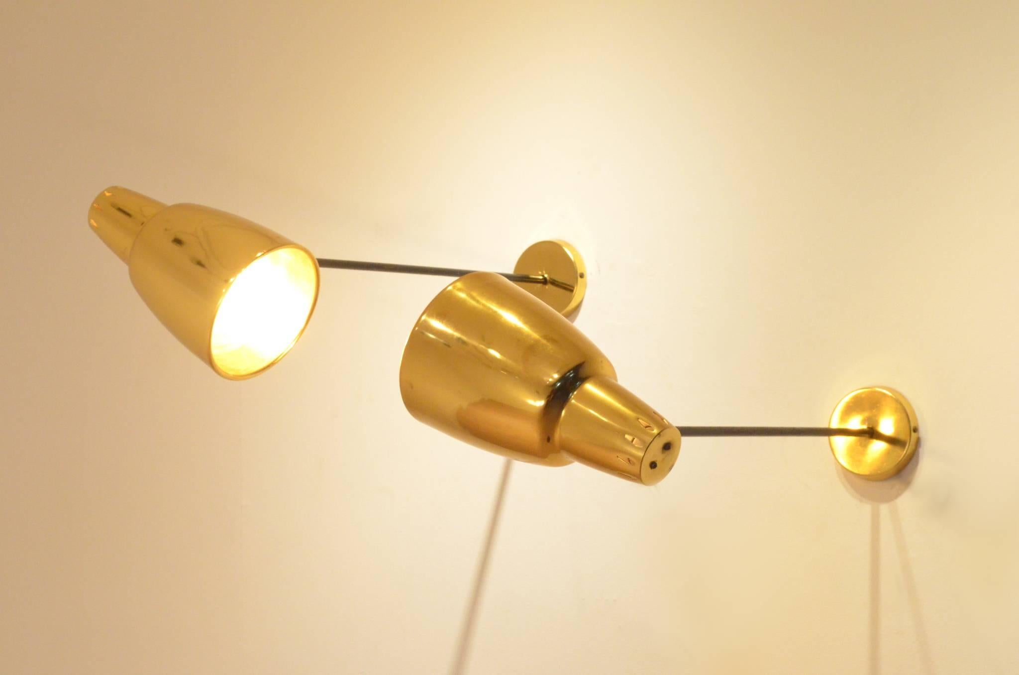 Two French Design Luminalite Golden Aluminium Metal Arm Lamps Sconces For Sale 1