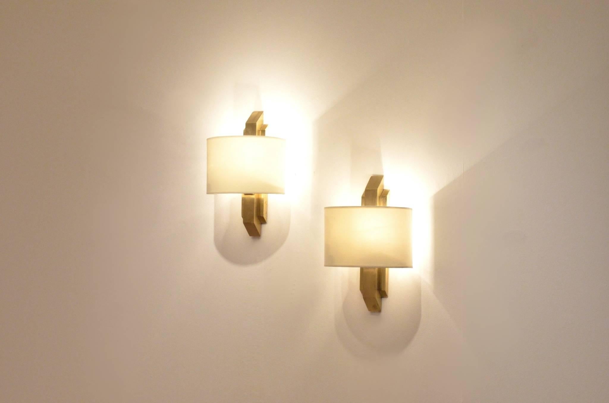 Mid-20th Century Pair of German Vintage Design Geometrical Brass and Textile Wall Sconces Lamps