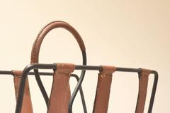 French Mid-Century Design, Jacques Adnet Brown Leather and Metal Magazine Rack