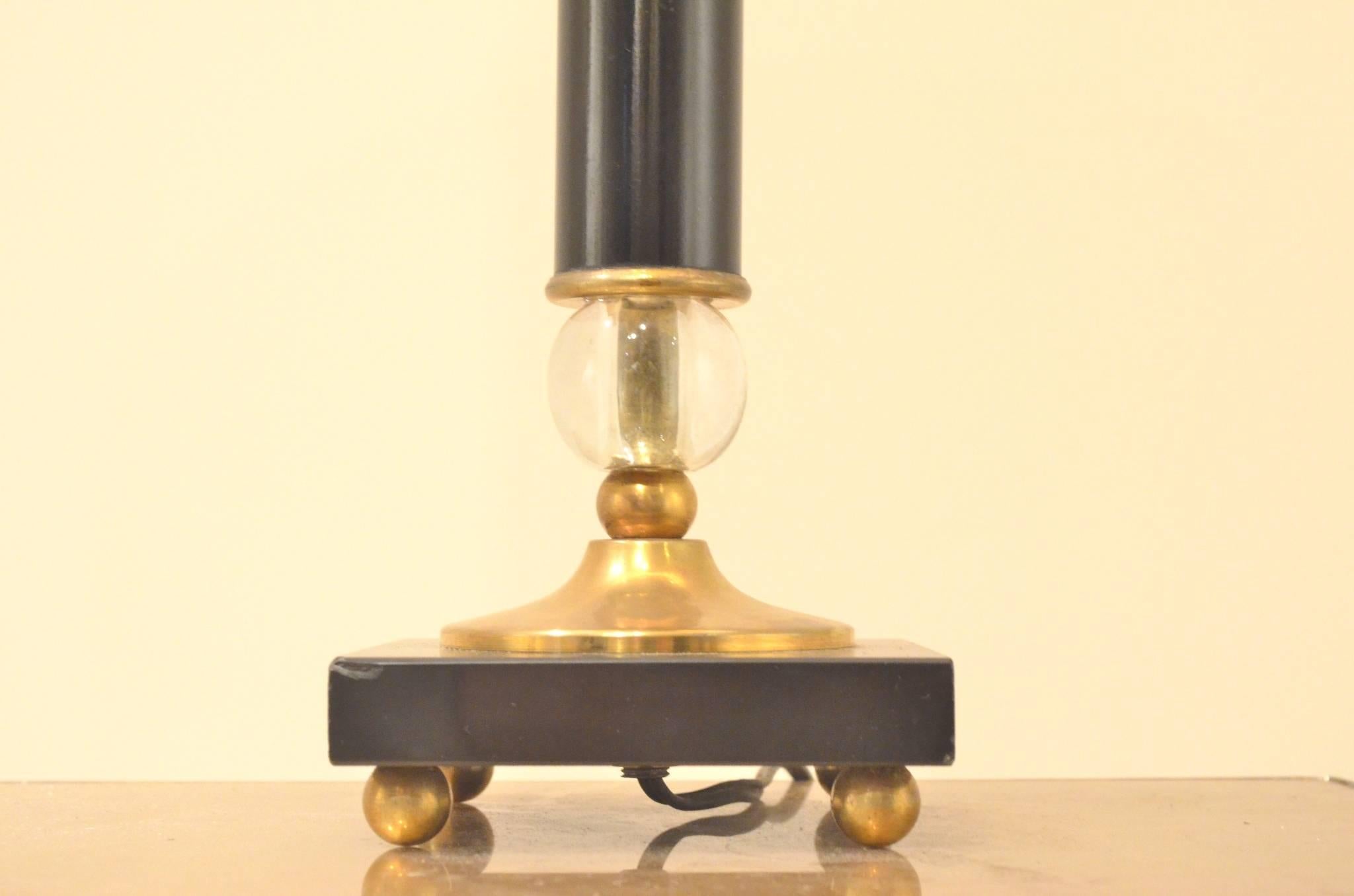 French Mid-Century Glass and Brass Ball Table Lamp Attributed to Jacques Adnet 1