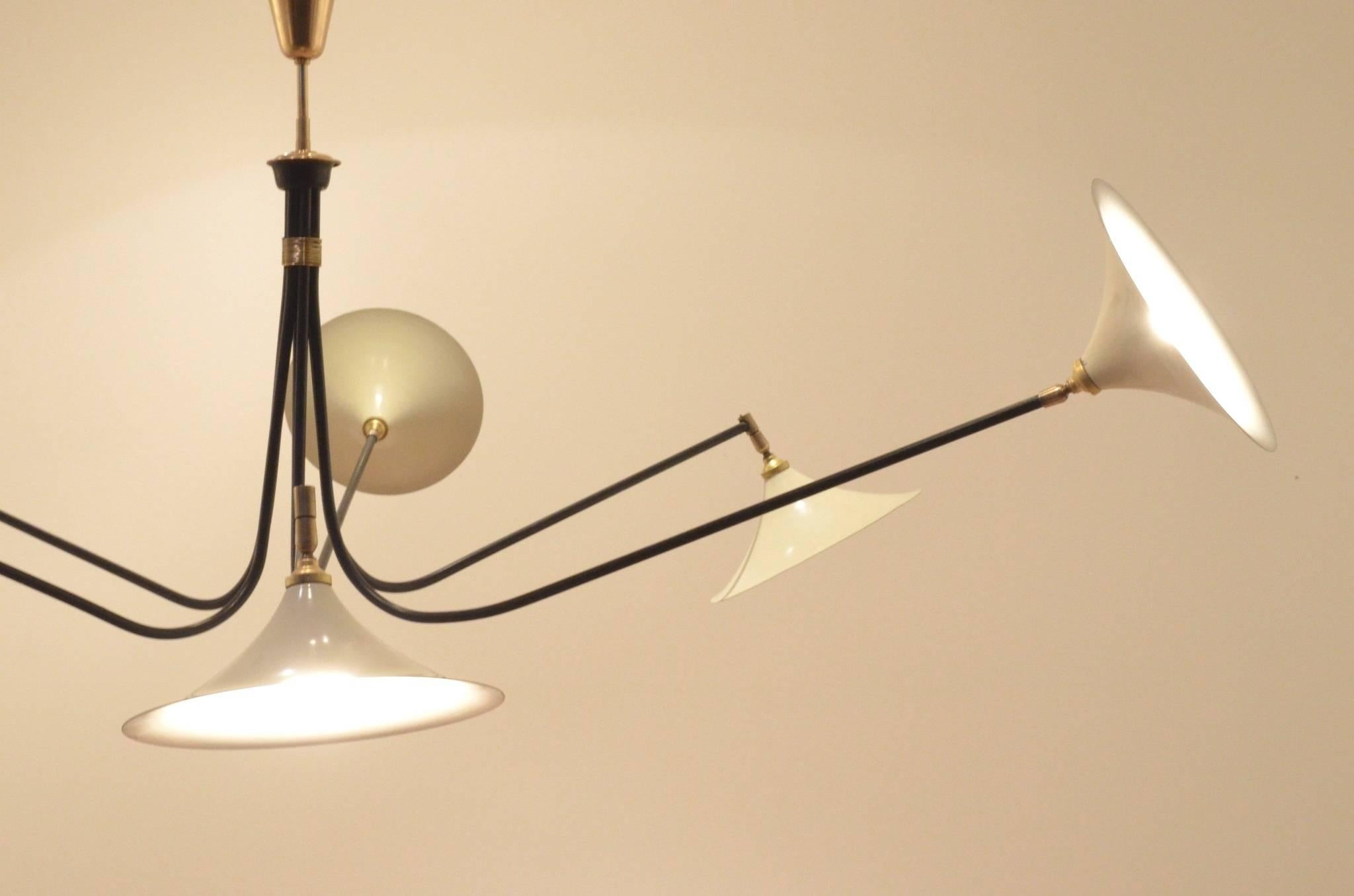 Enameled French Mid-Century Design XXXL 'Spider' Metal and Brass Chandelier Pendant Lamp