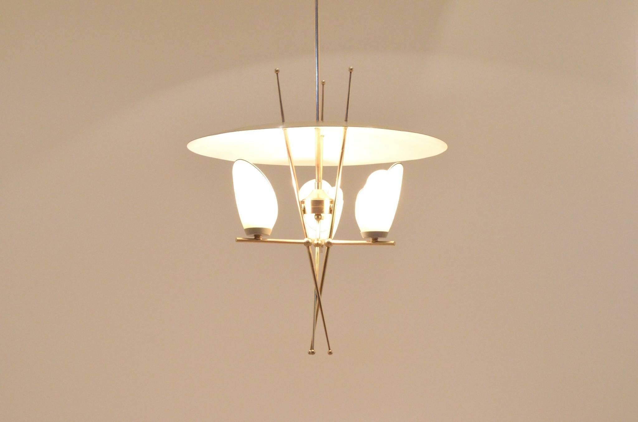 Mid-20th Century Mid-Century Italian Arteluce Style Brass and Metal Pendant Lamp Chandelier