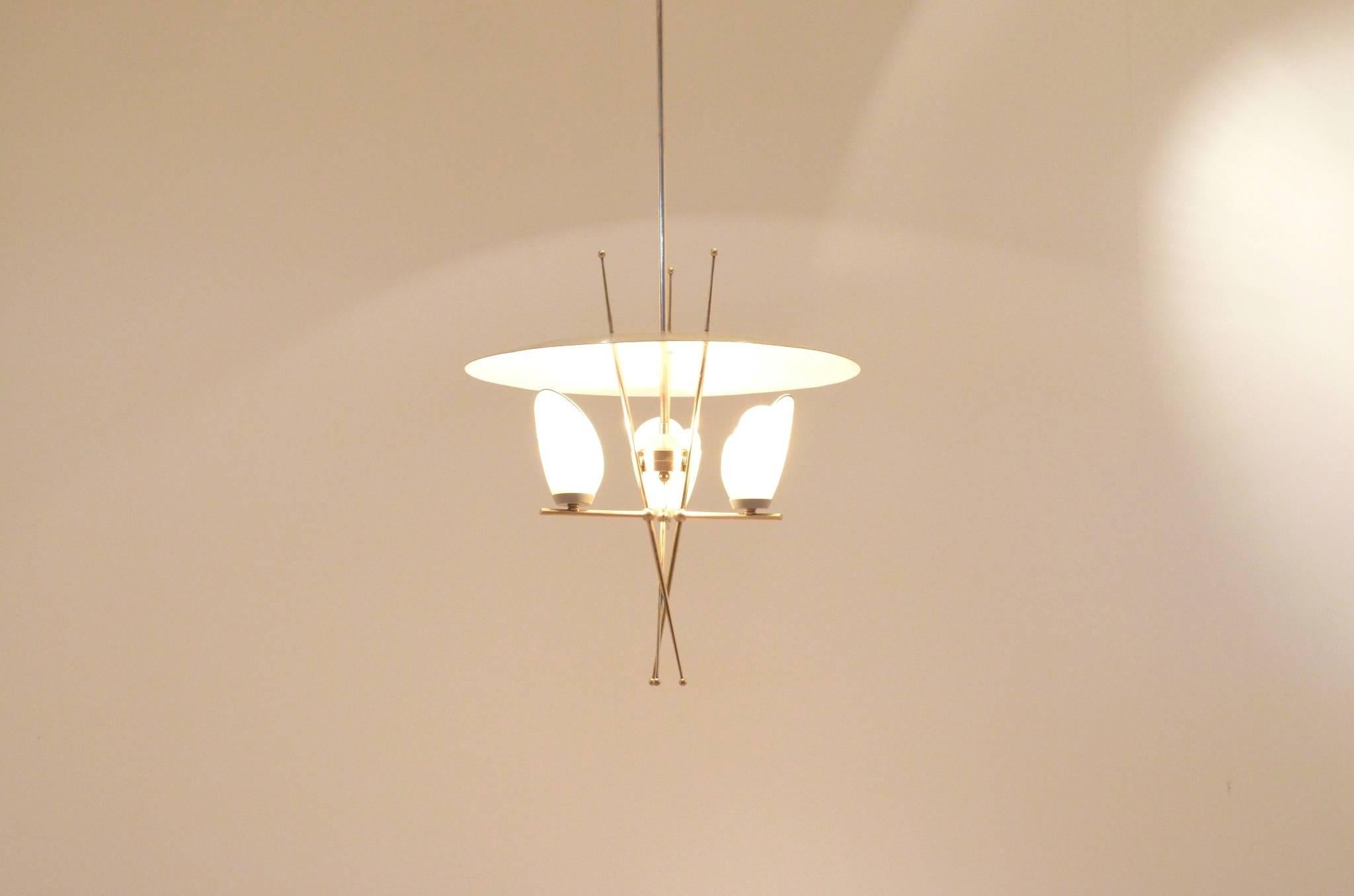 Mid-Century Italian Arteluce Style Brass and Metal Pendant Lamp Chandelier 2