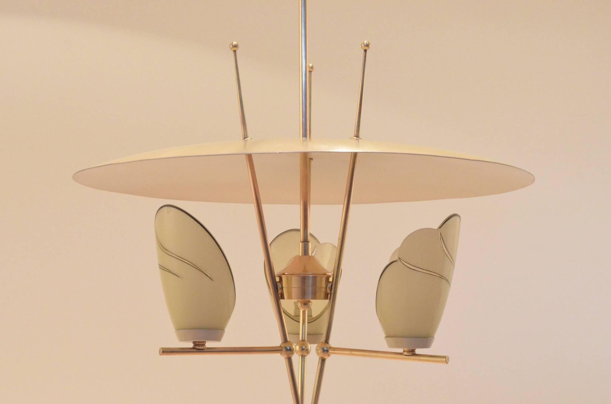 Mid-Century Italian Arteluce Style Brass and Metal Pendant Lamp Chandelier 1