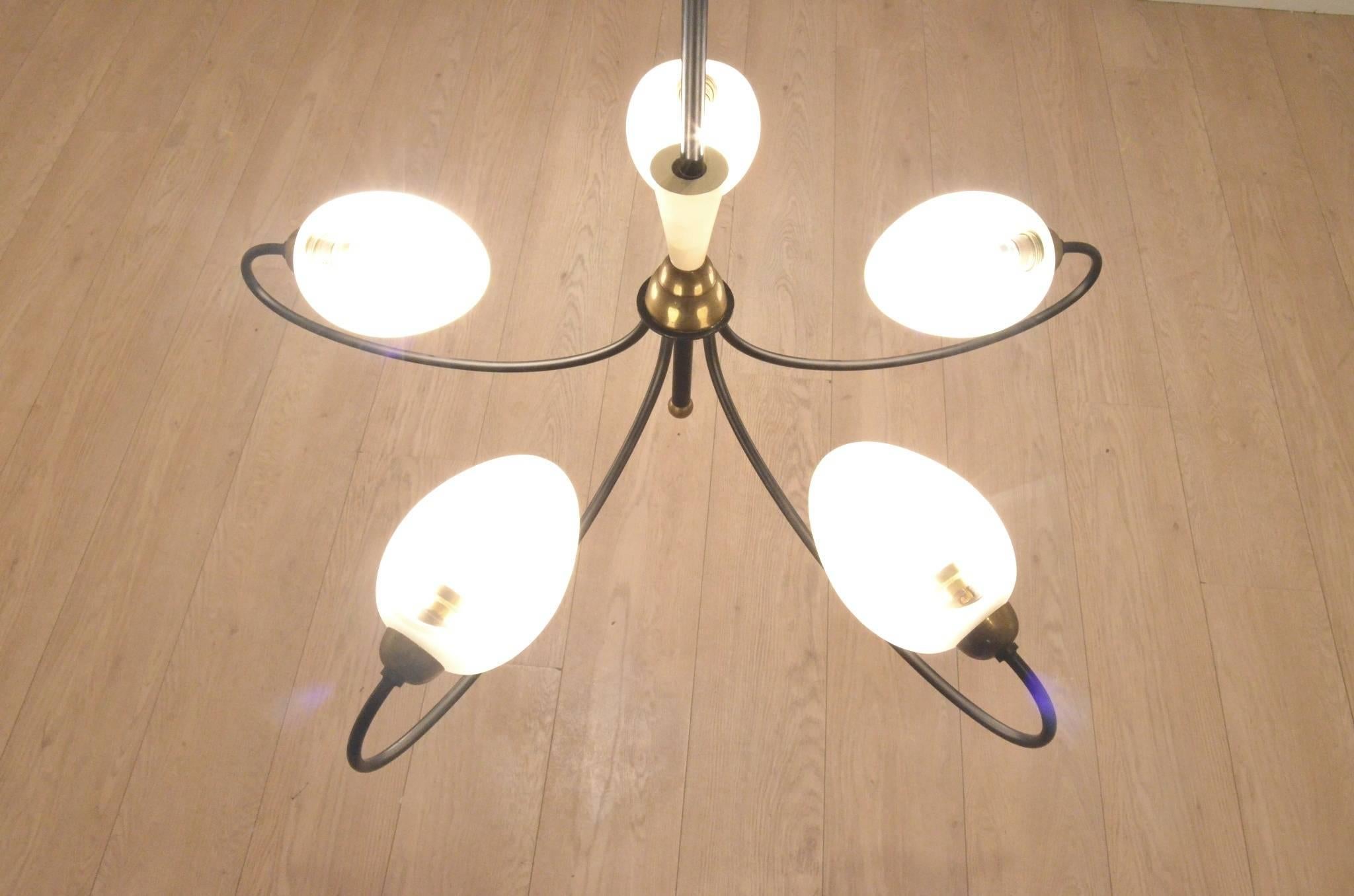 Metal French Mid-Century Design Maison Arlus Glass and Brass Ceiling Lamp Chandelier