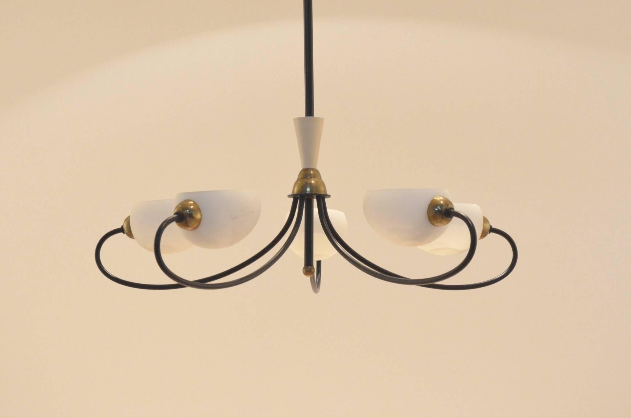 French Mid-Century Design Maison Arlus Glass and Brass Ceiling Lamp Chandelier 1