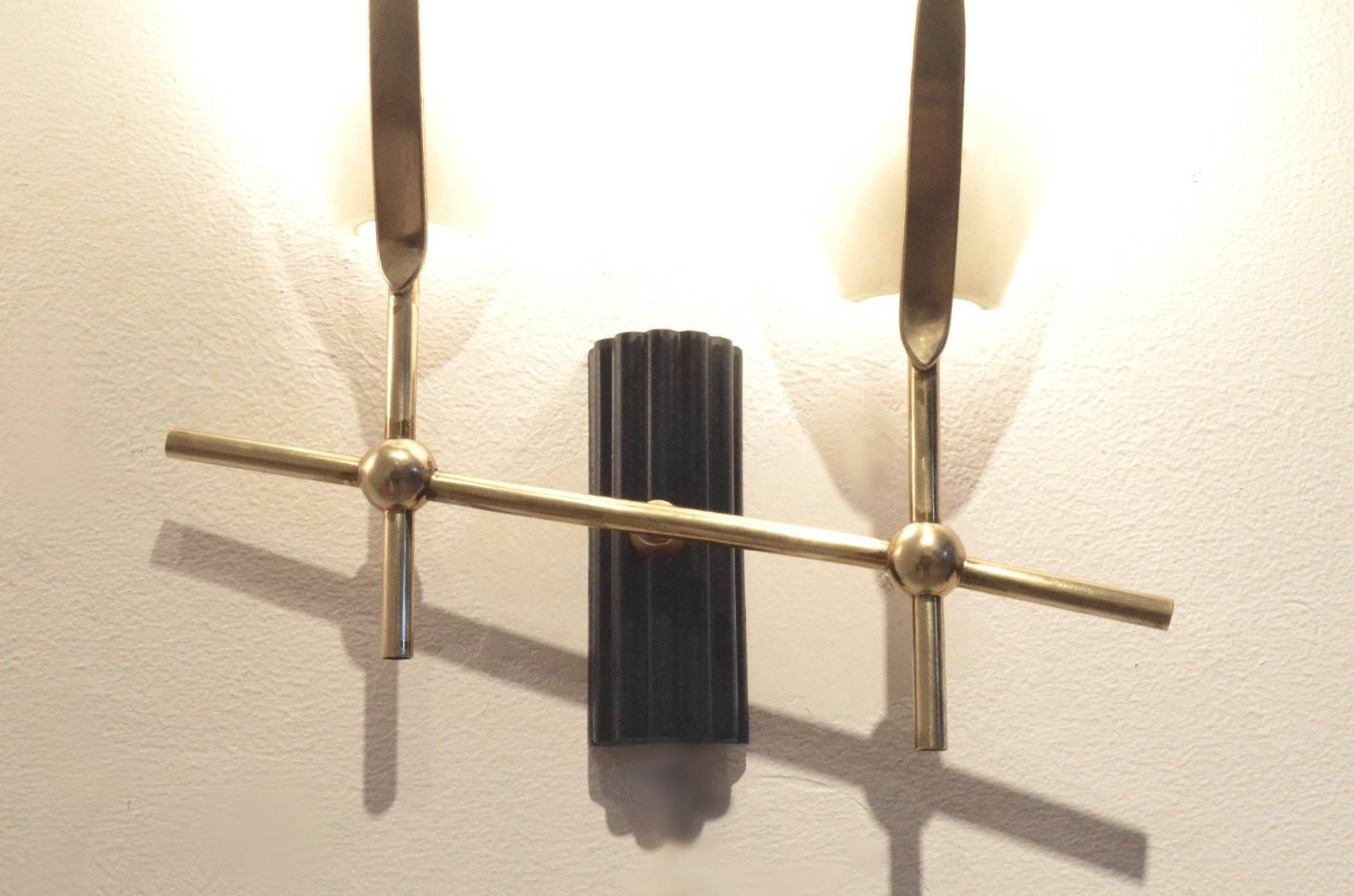 Metal French Mid-Century Design, Two Glass and Brass Bamboo Shaped Wall Sconces Lamps