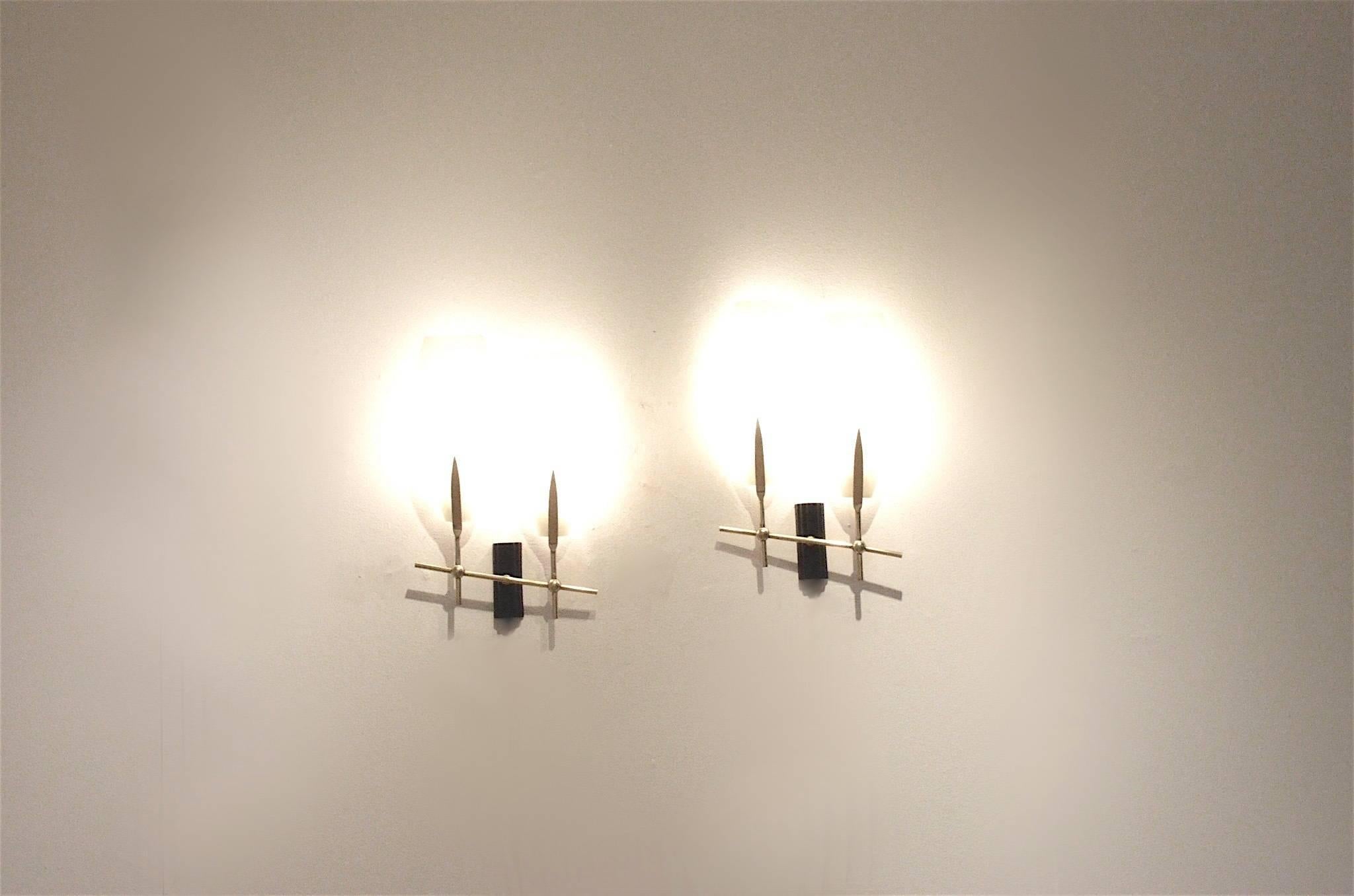 French Mid-Century Design, Two Glass and Brass Bamboo Shaped Wall Sconces Lamps 1