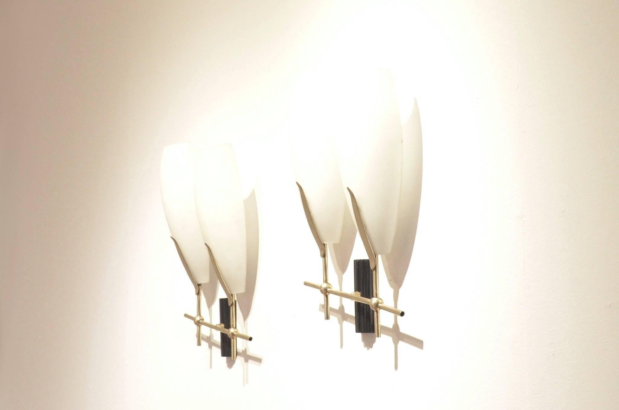 French Mid-Century Design, Two Glass and Brass Bamboo Shaped Wall Sconces Lamps 2