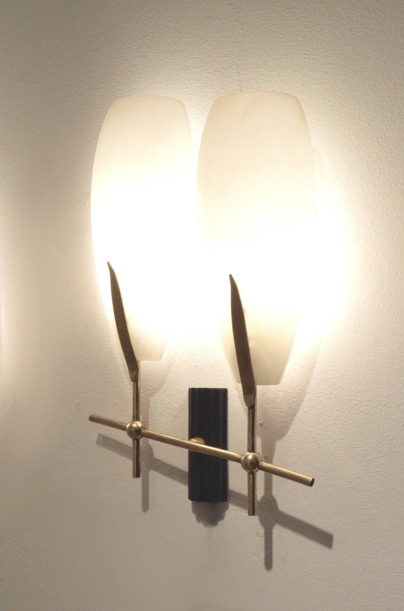 French Mid-Century Design, Two Glass and Brass Bamboo Shaped Wall Sconces Lamps 3