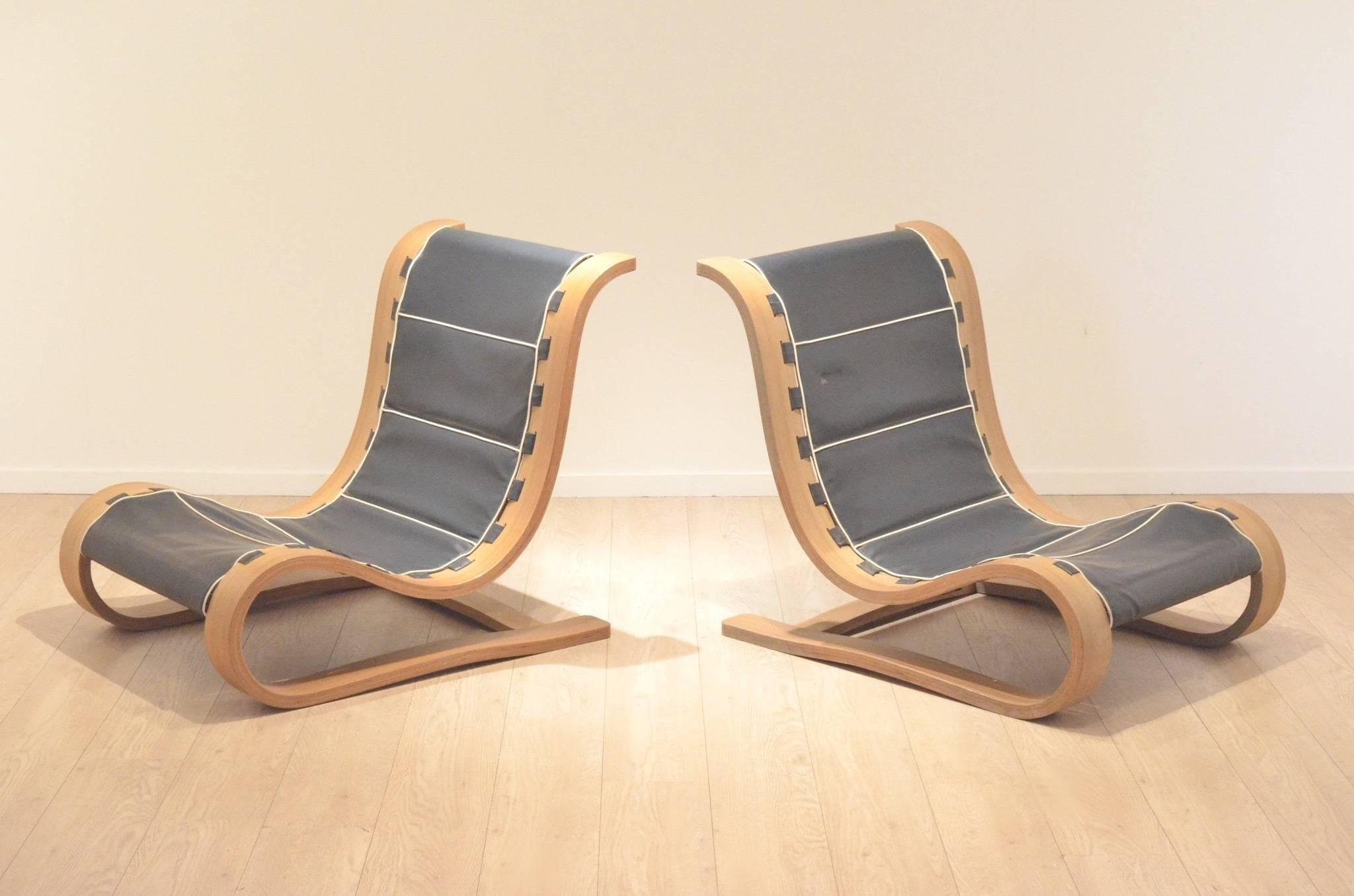 Sculptural 1970s French Organic Plywood and Leatherette Easy Chairs 1