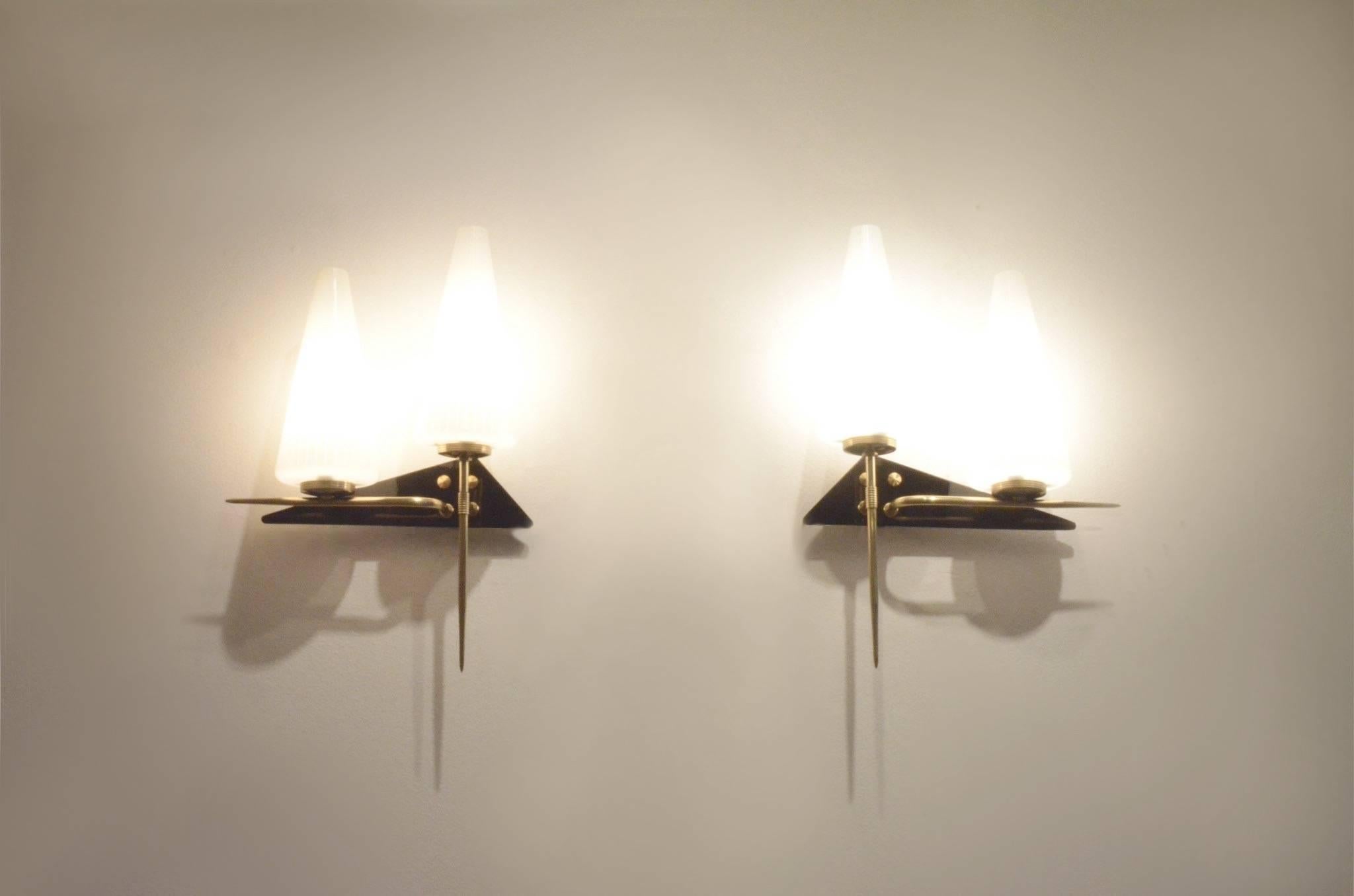 2x Mid-Century, French Maison Arlus Triangle Shaped Wall Sconces 3
