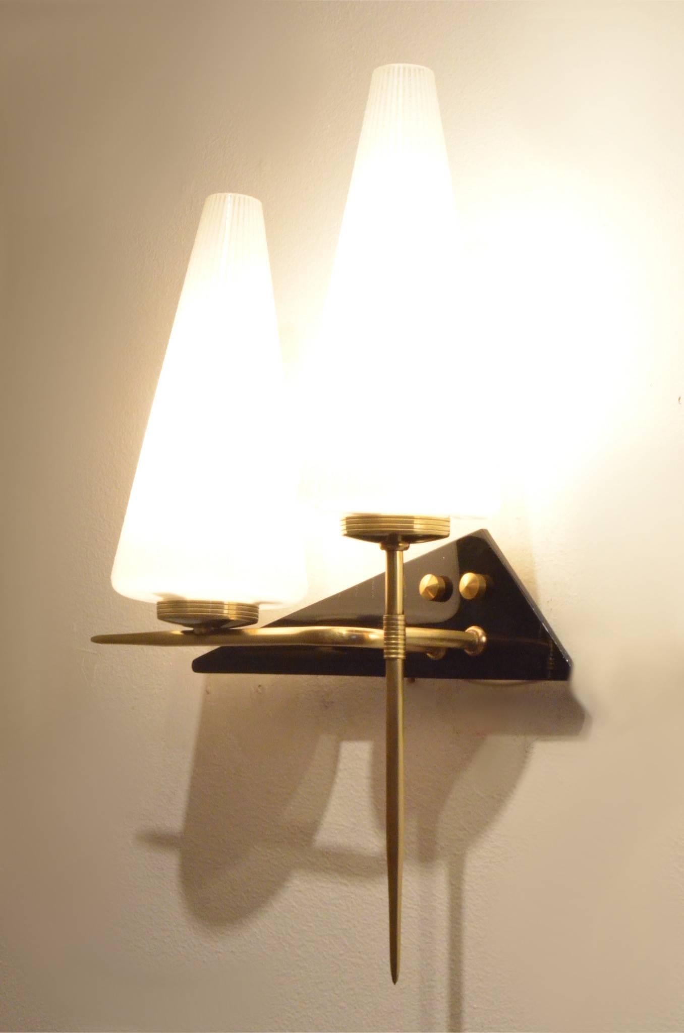 Brass 2x Mid-Century, French Maison Arlus Triangle Shaped Wall Sconces
