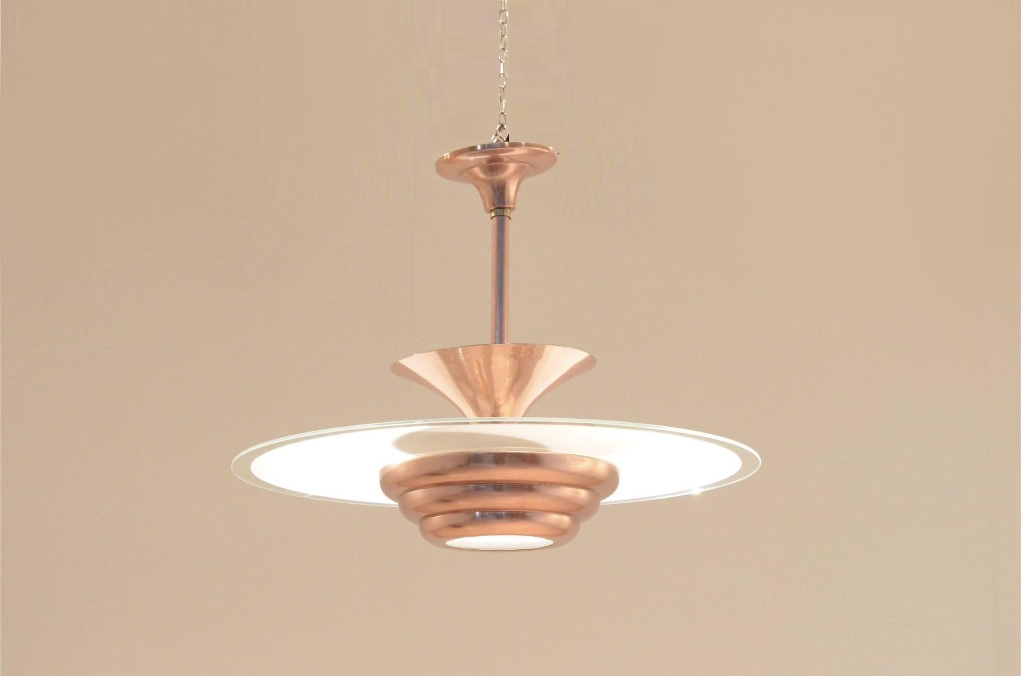 French Art Deco Full Copper and Round Sanded Glass Pendant Lamp Chandelier 5