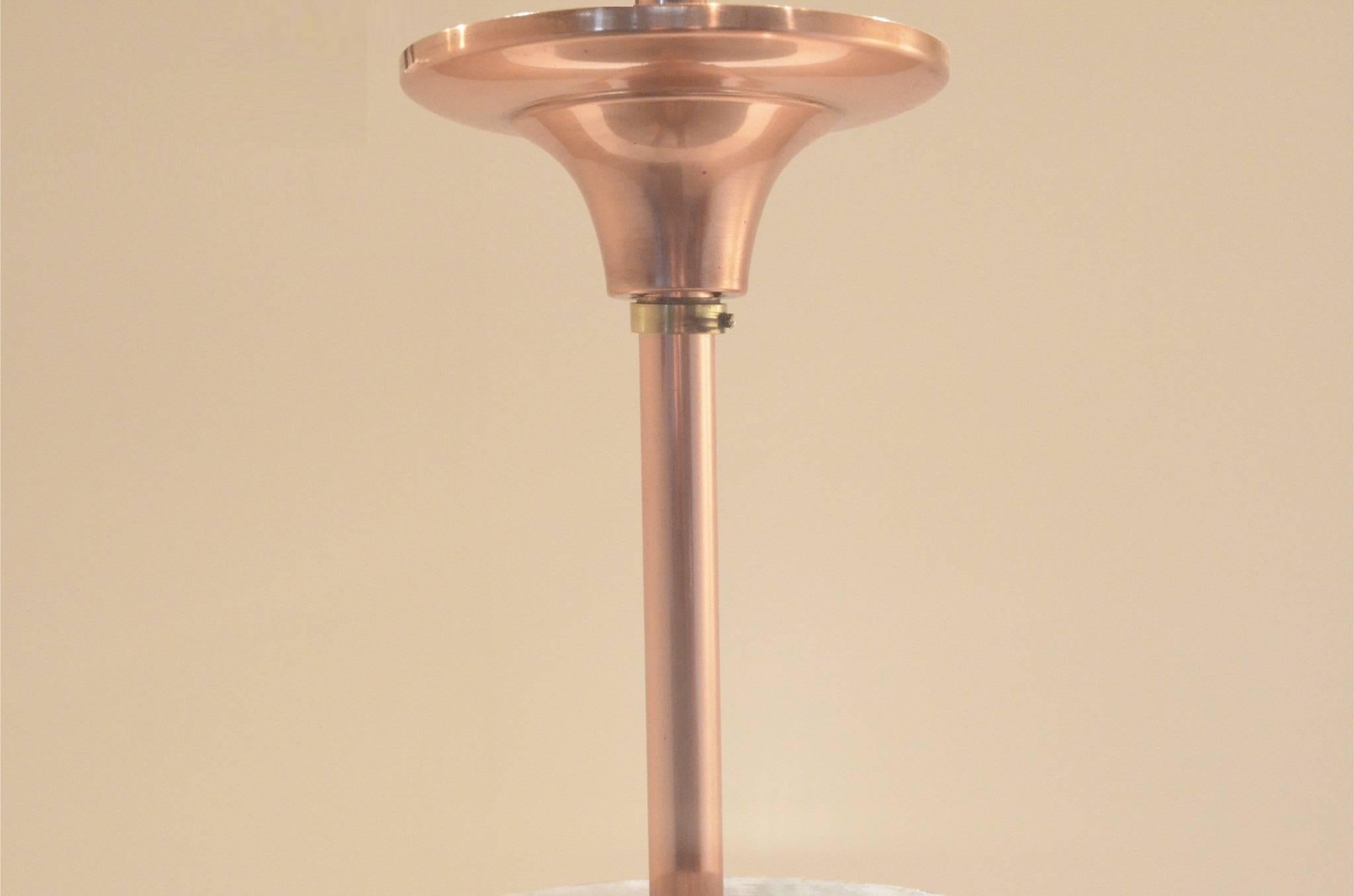 Decorative Art Deco period pendant lamp, layered full copper structure matched with round sanded glass diffusers.