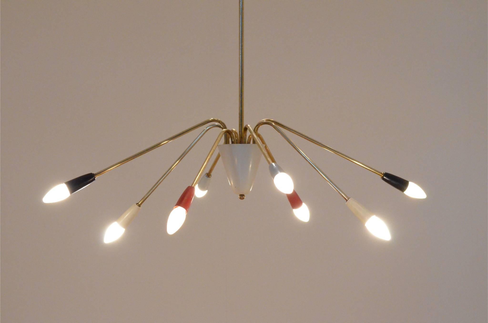 Italian Mid-Century Design 1950s Spider Shaped Quadricolor Metal Chandelier 3