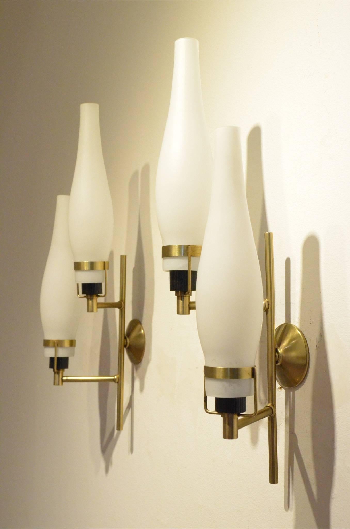 Opaline Glass Italian Mid-Century Stilnovo Attributed two-Glass and Brass Wall Sconces Lamps