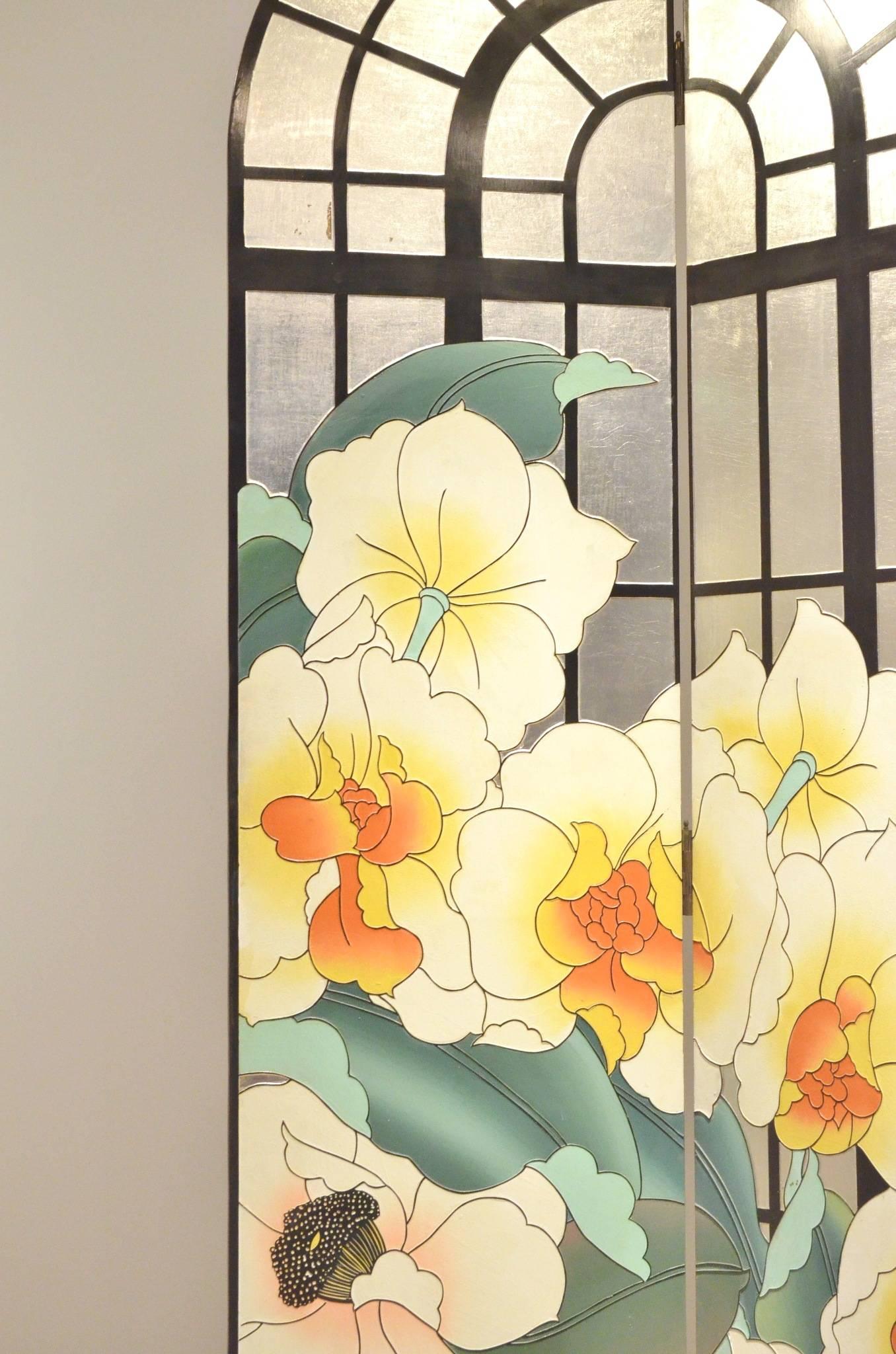 French Mid-Century Design Multicolor Painted Floral Room Divider Paravan Screen (Moderne der Mitte des Jahrhunderts) im Angebot