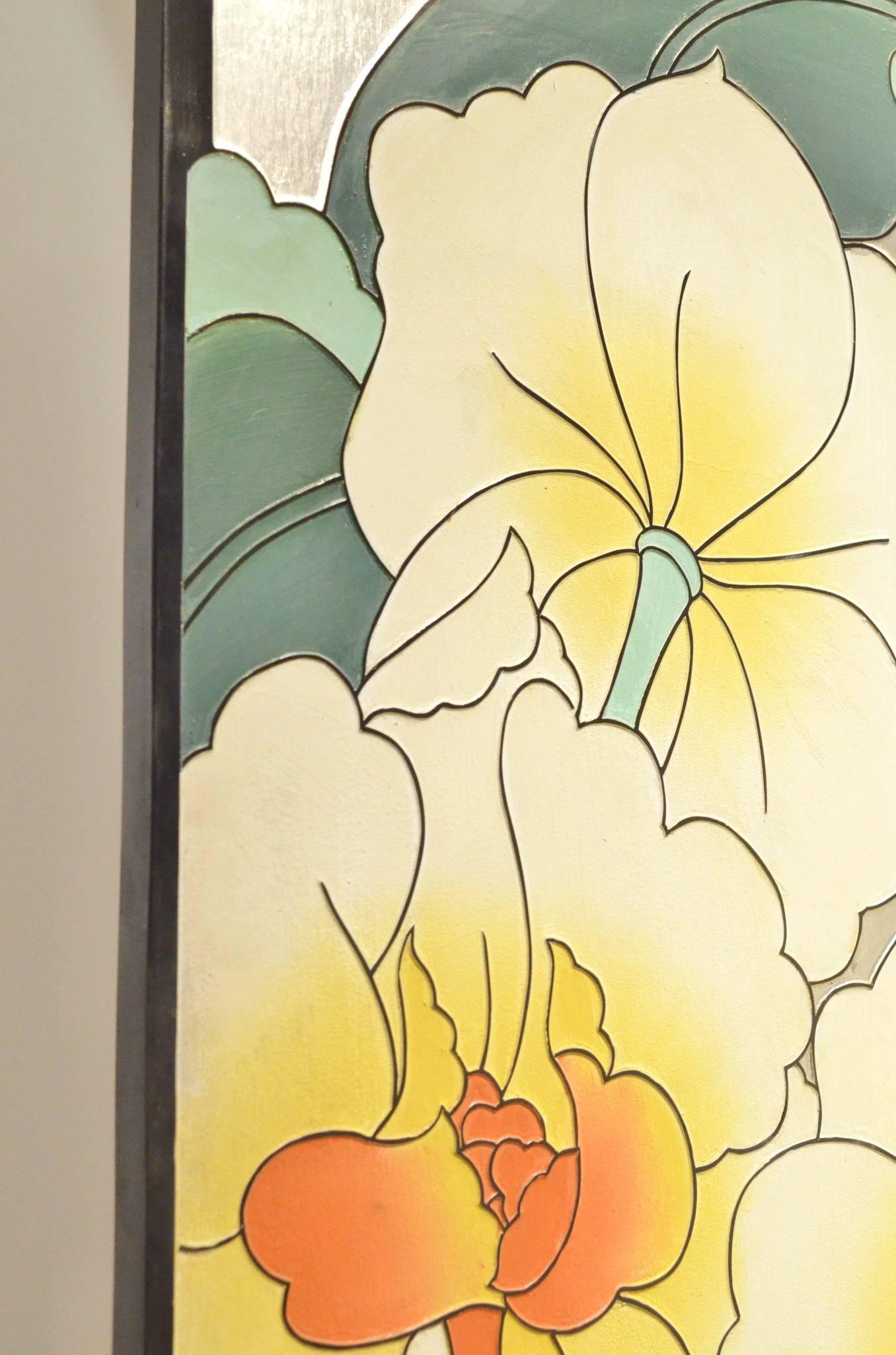 French Mid-Century Design Multicolor Painted Floral Room Divider Paravan Screen im Zustand „Hervorragend“ im Angebot in Brussels, Ixelles