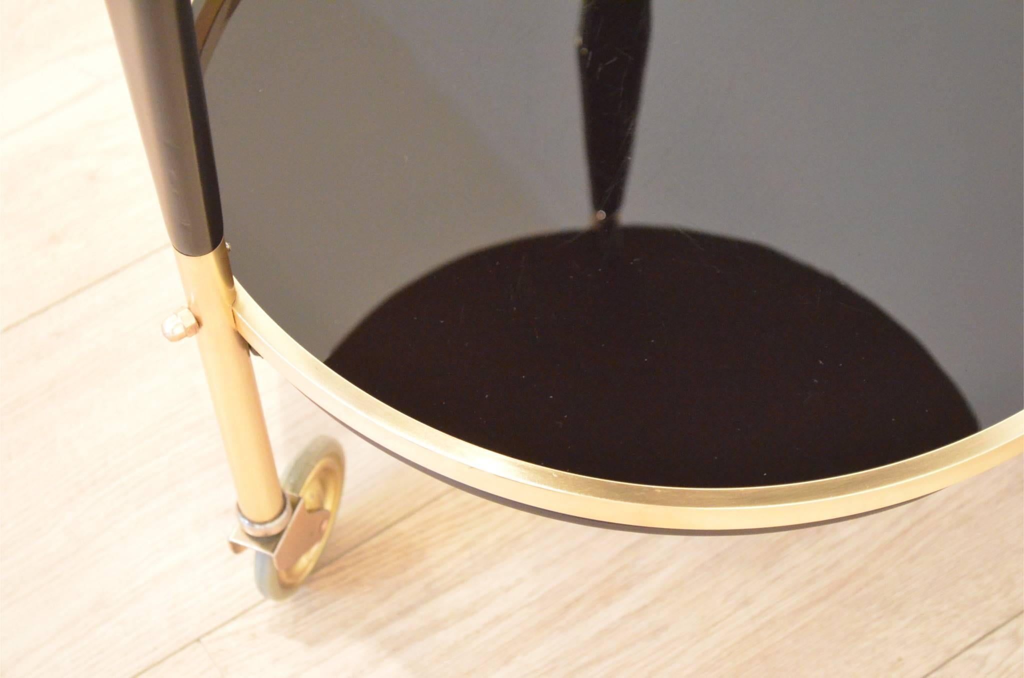 French Hollywood Rengency Design Black Brass Maison Jansen Style Serving Trolley 4