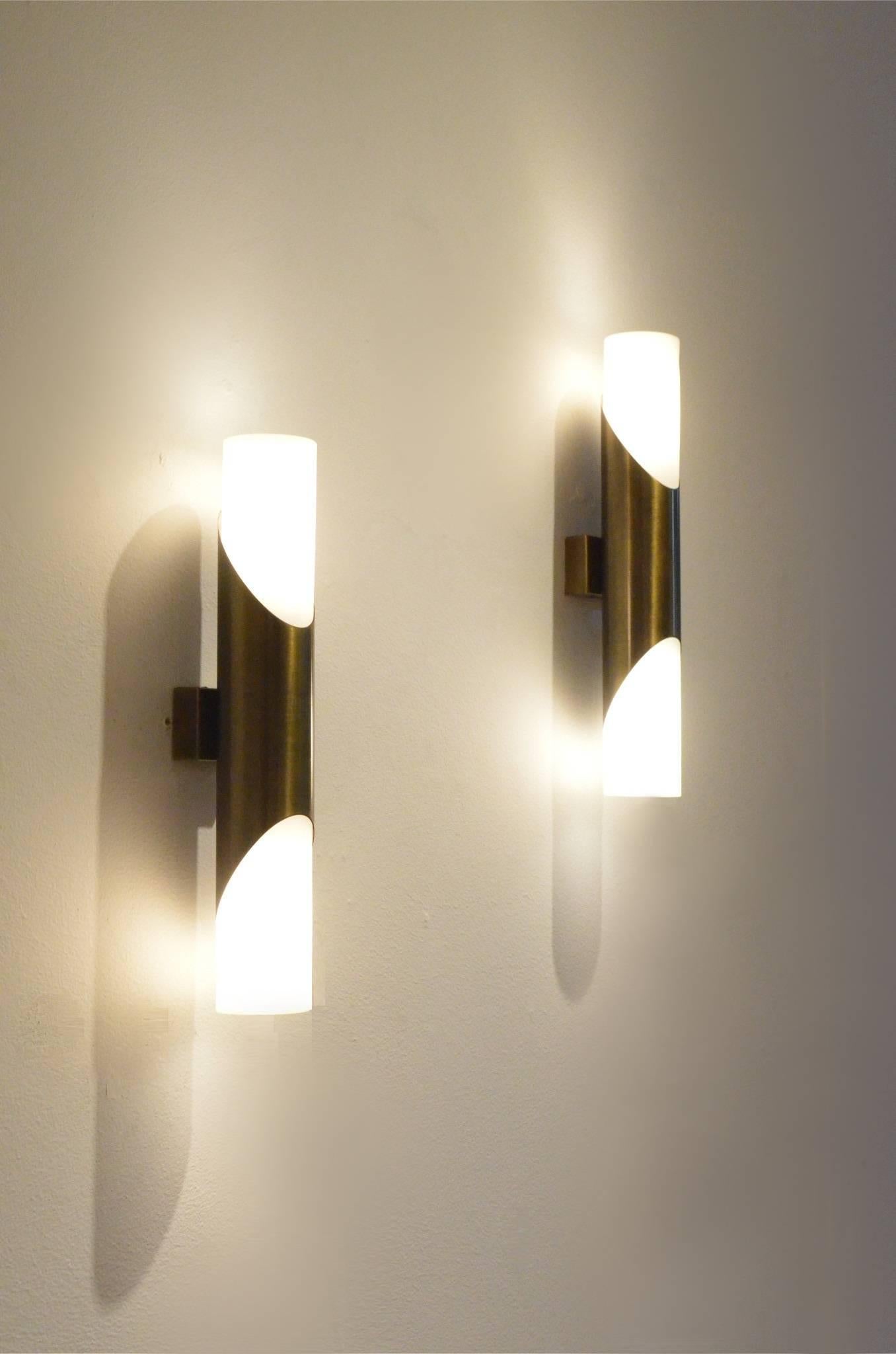 Late 20th Century 1970s German Vintage Design, Brass and Glass Neuhaus Wall Sconces Lamps