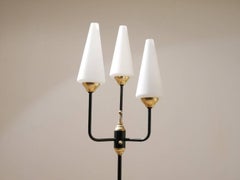Midcentury French Maison Arlus Tripod Opalescent Glass and Brass Floor Lamp