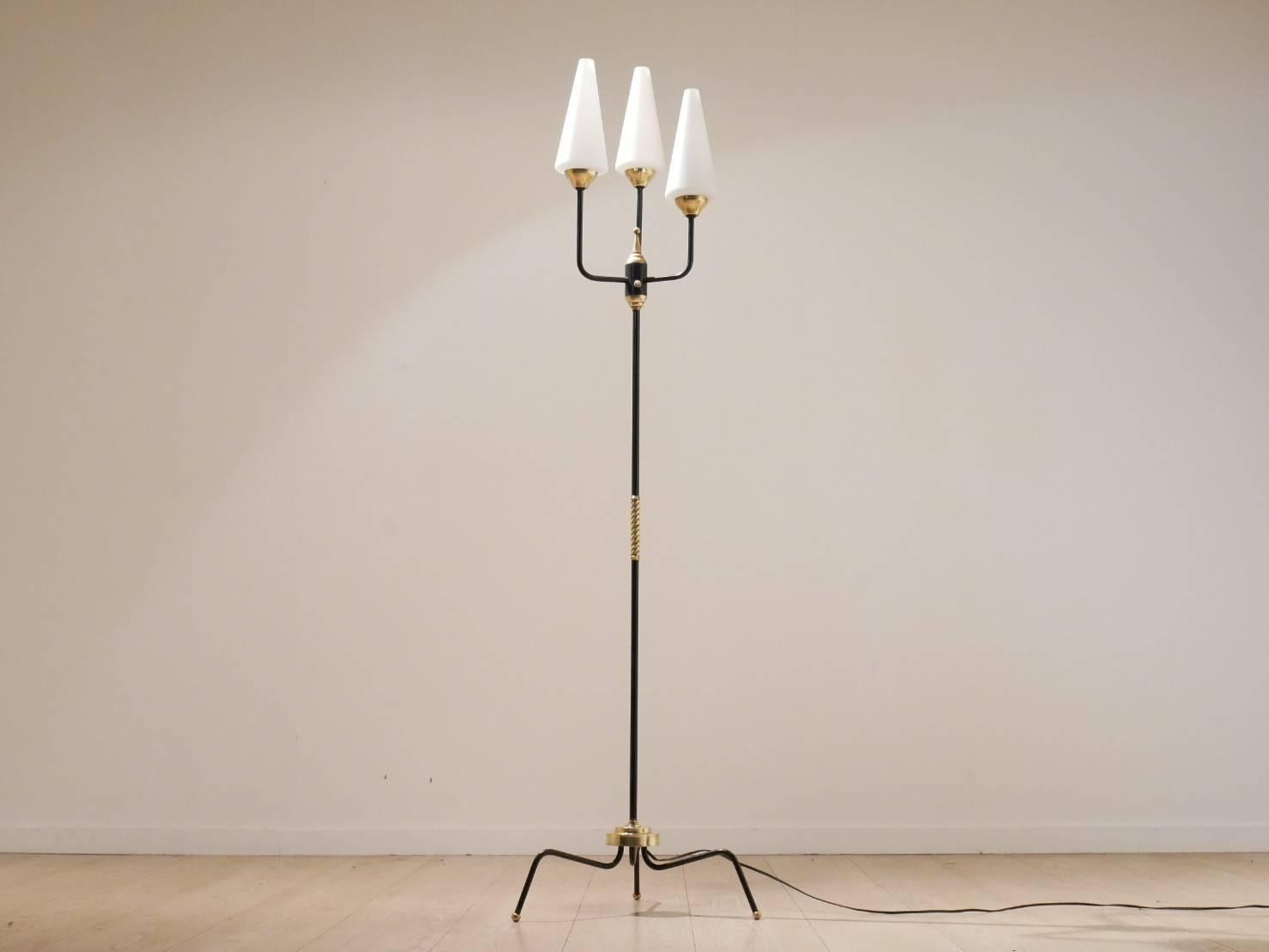 20th Century Midcentury French Maison Arlus Tripod Opalescent Glass and Brass Floor Lamp For Sale