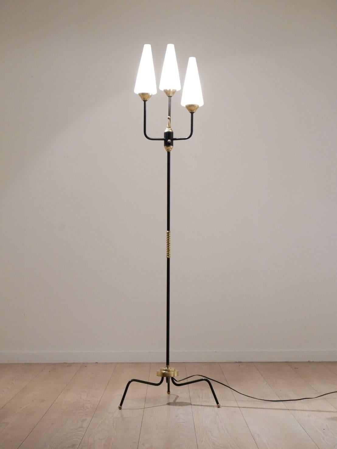 Midcentury French Maison Arlus Tripod Opalescent Glass and Brass Floor Lamp For Sale 2