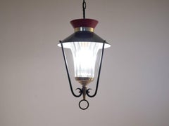 Midcentury French Bicolored Glass & Metal Lantern