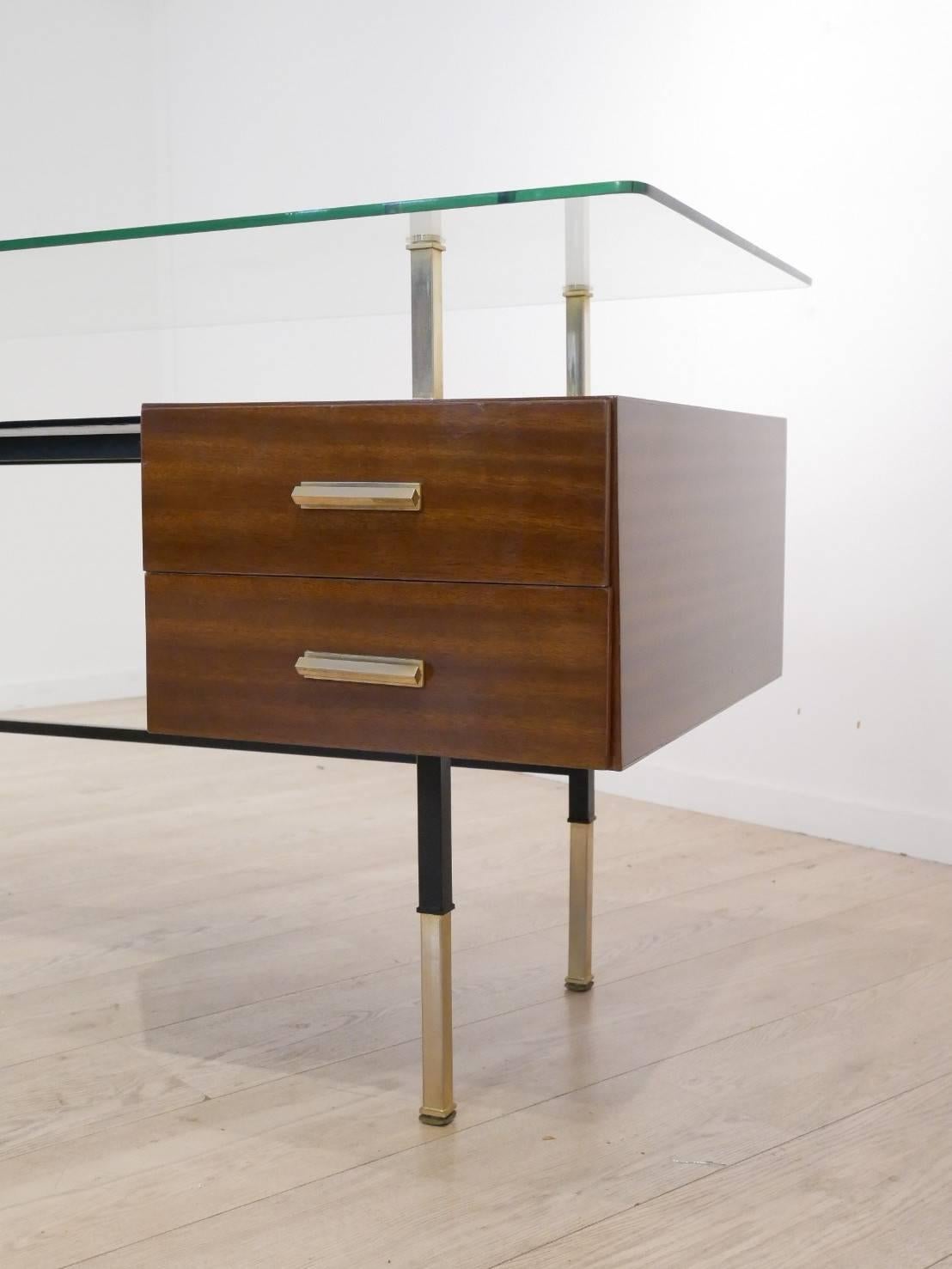 Mid-Century Modern Modernist 1950s French R.J Picard Style Mahogany Shellac & Glass Writing Desk
