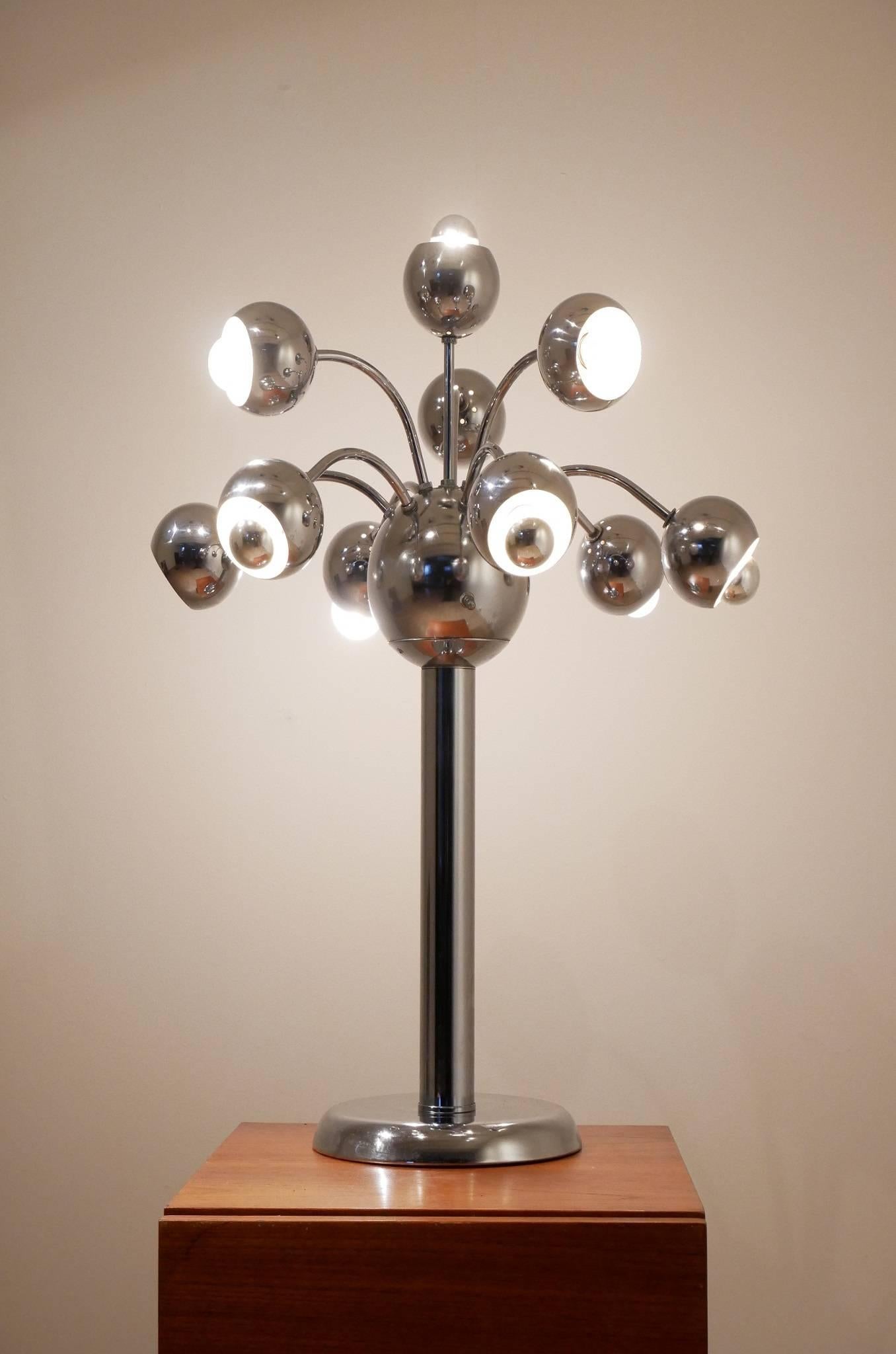 Extra-large sized, Italian table lamp most probably made by Reggiani. Tree shaped lamp with balls fully chromed. Original 3x way switch working plus extra dimmer.