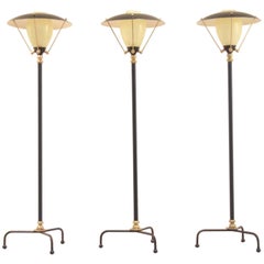 Midcentury Belgian Design, Brass and Glass Tripod Floor Lamp