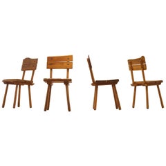 French Midcentury Pierre Chapo Style Brutalist Oakwood Dining Chairs