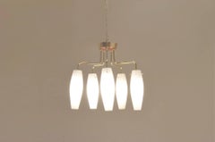 Midcentury Italian 1950s Low Ceiling Five Glass Drop Down Lamp with Brass